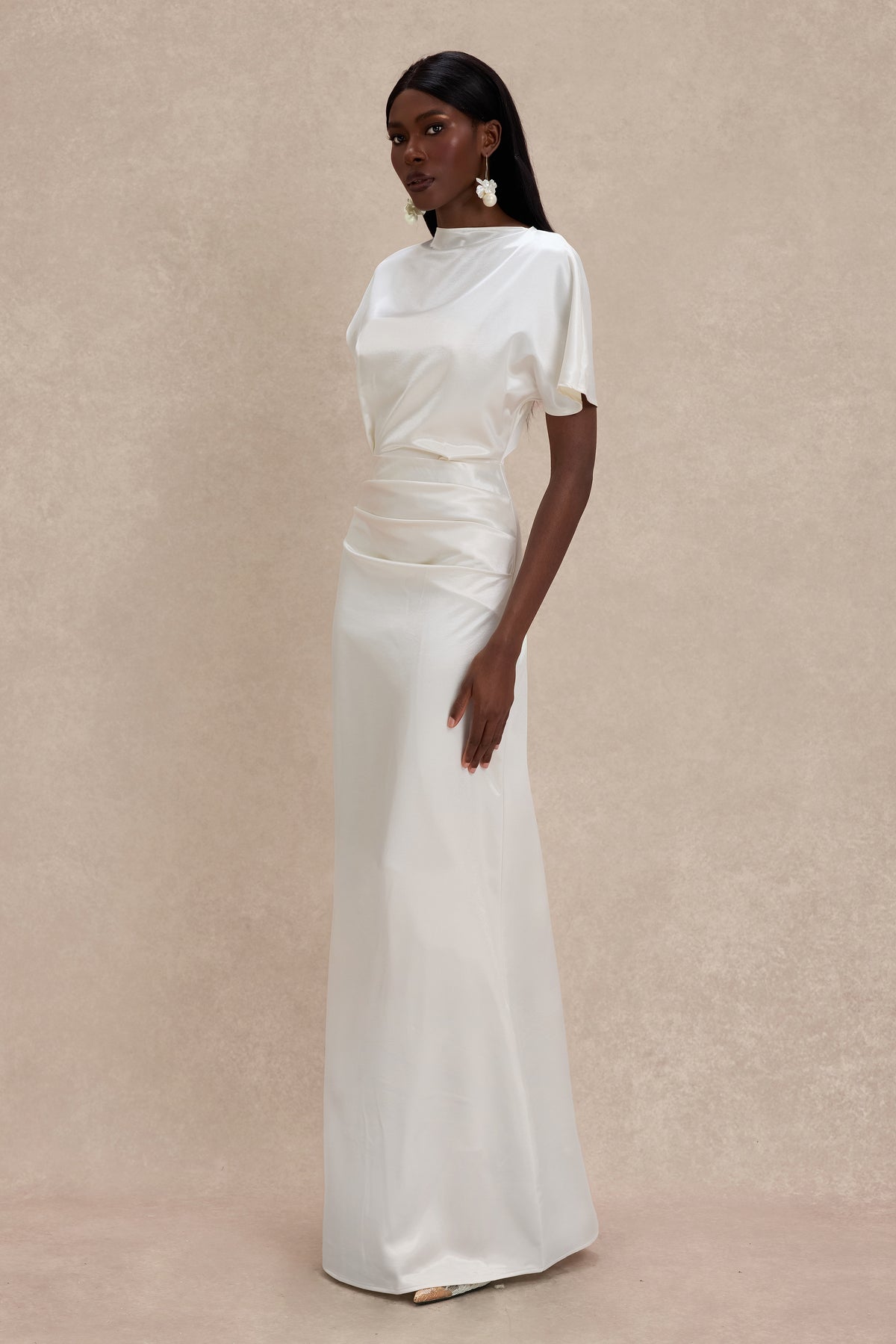 Satin Solid Ruched Maxi Dress