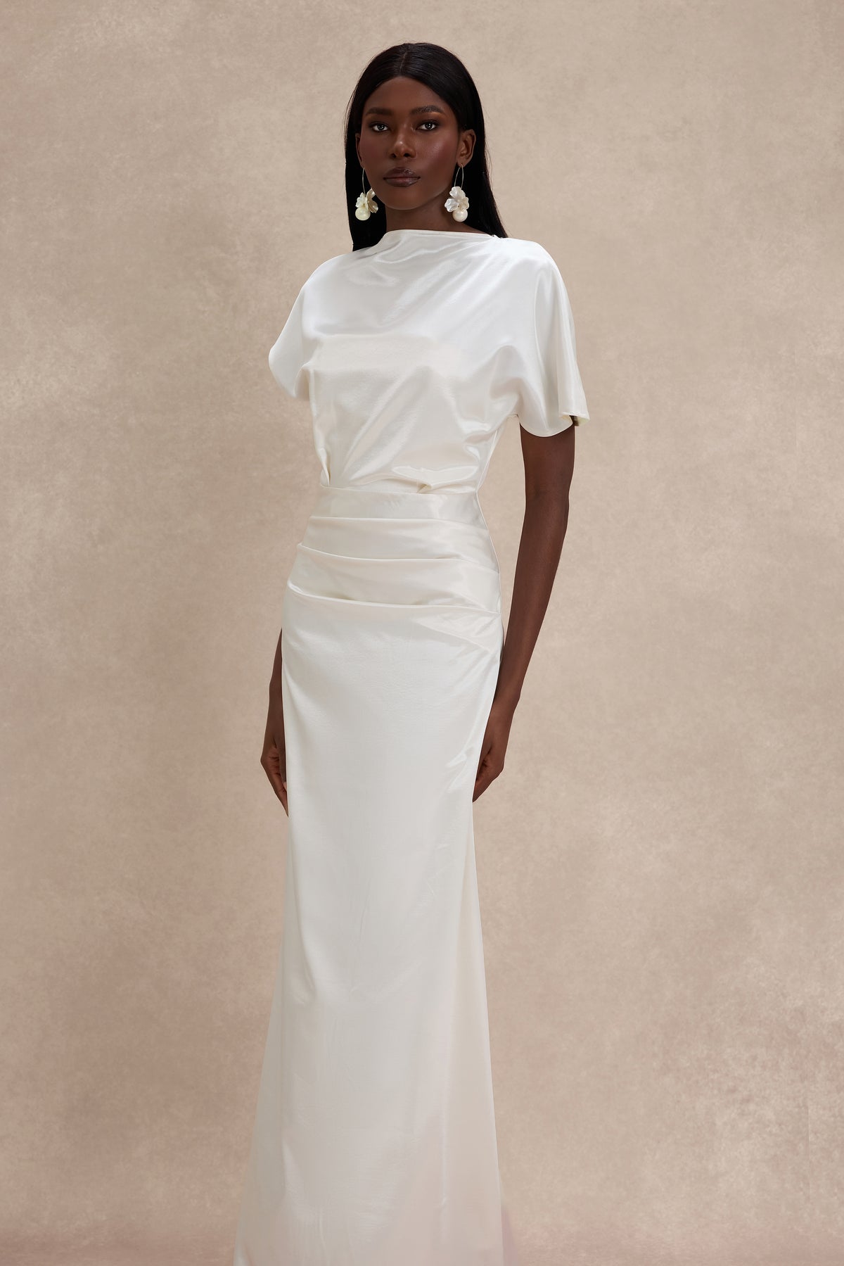 Satin Solid Ruched Maxi Dress