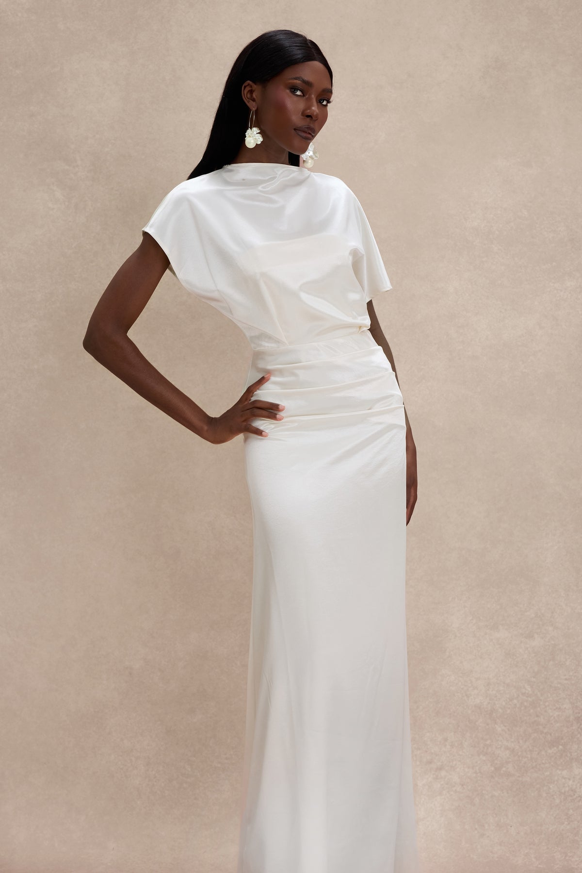 Satin Solid Ruched Maxi Dress
