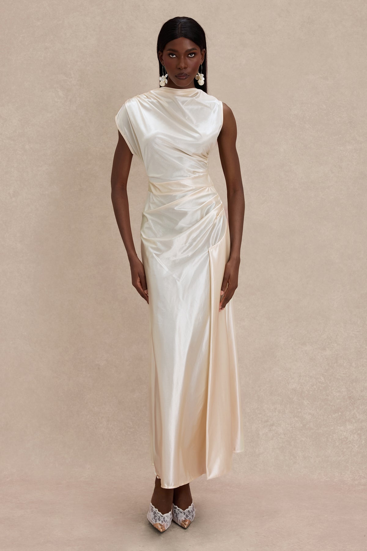 Solid Satin Ruched Maxi Dress