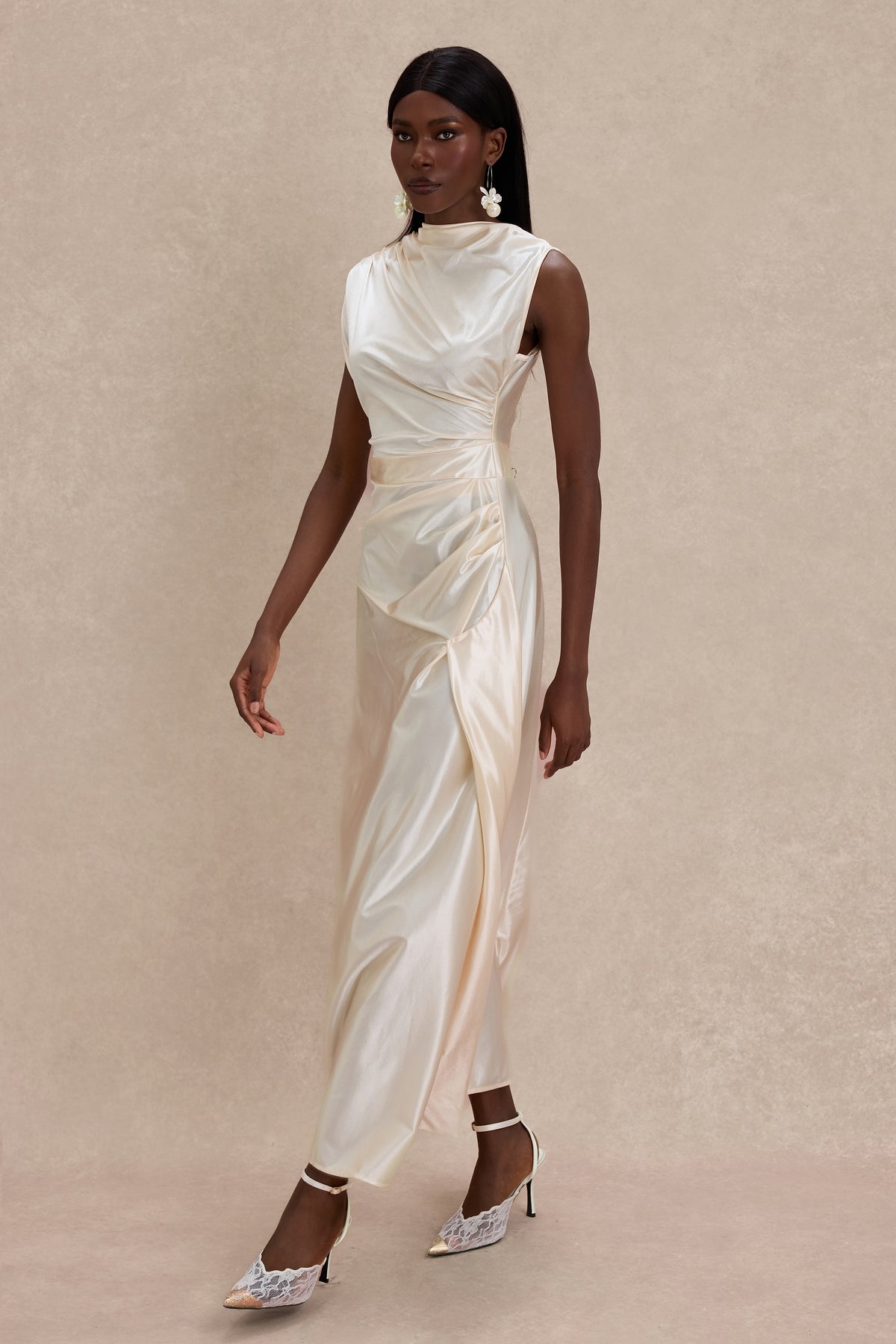 Solid Satin Ruched Maxi Dress
