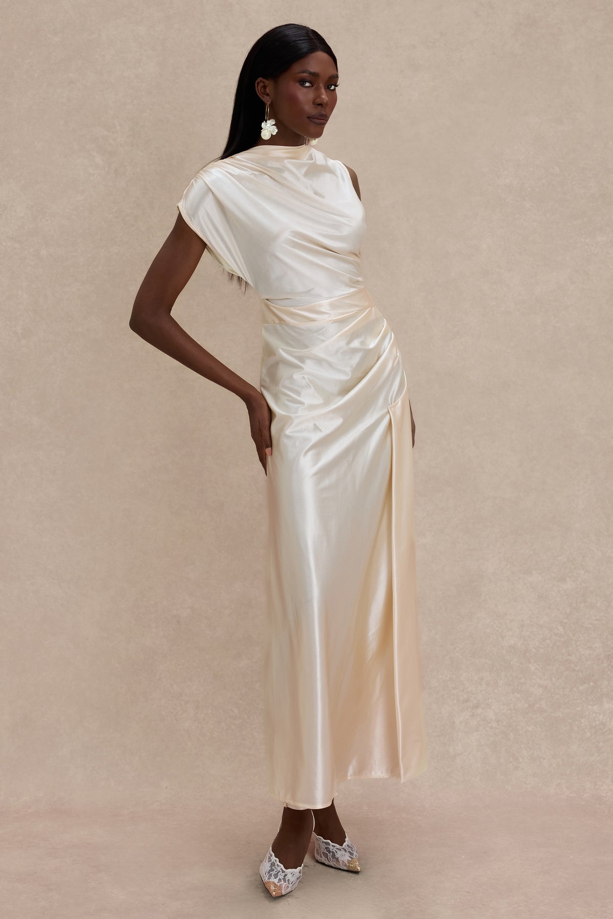 Solid Satin Ruched Maxi Dress