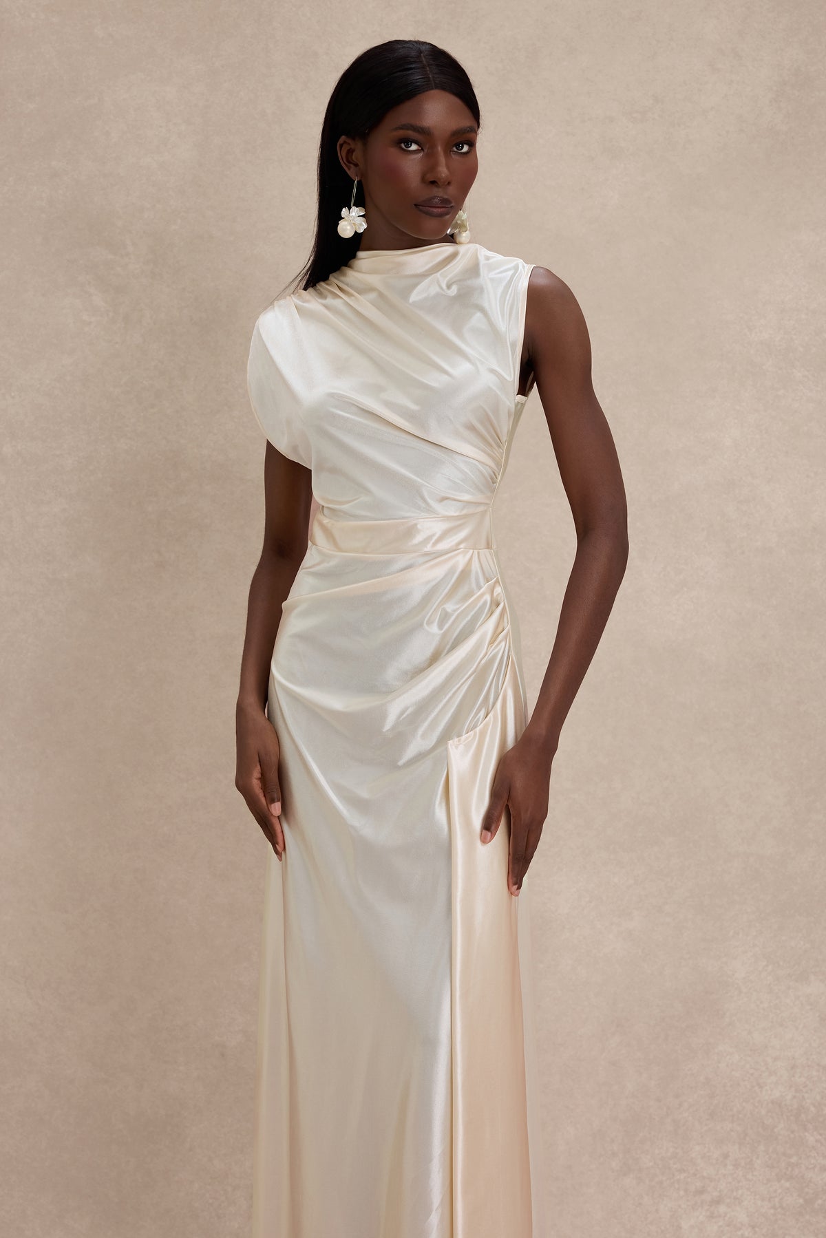 Solid Satin Ruched Maxi Dress