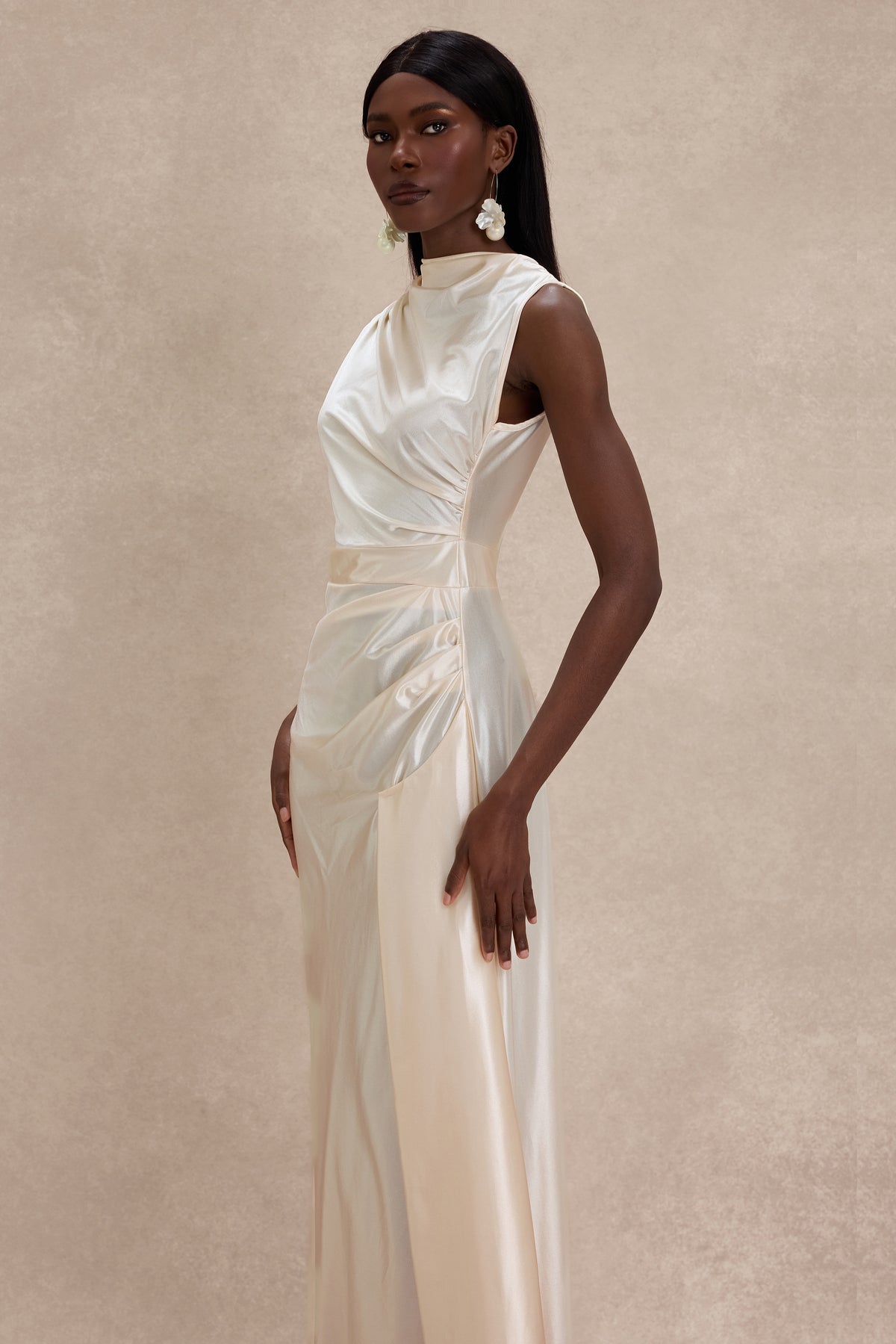 Solid Satin Ruched Maxi Dress