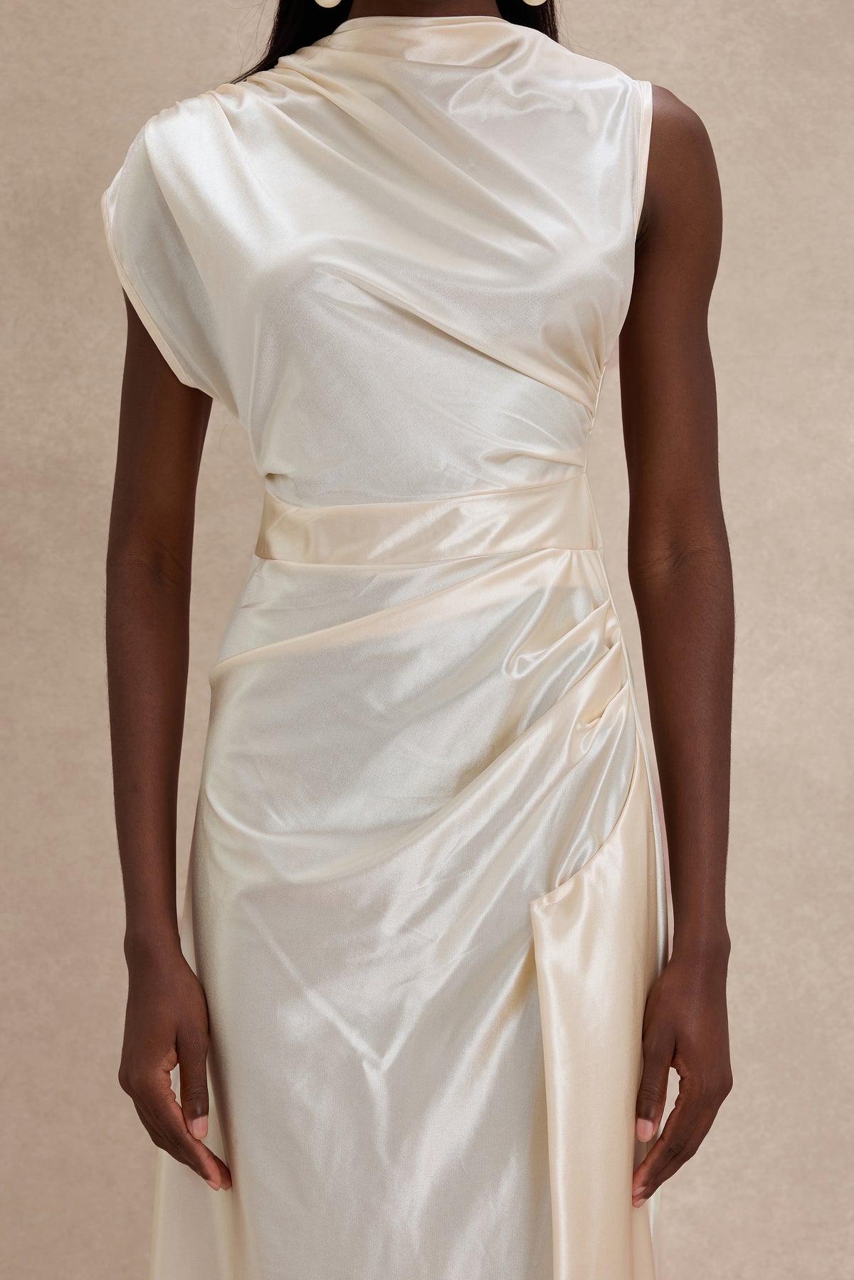 Solid Satin Ruched Maxi Dress