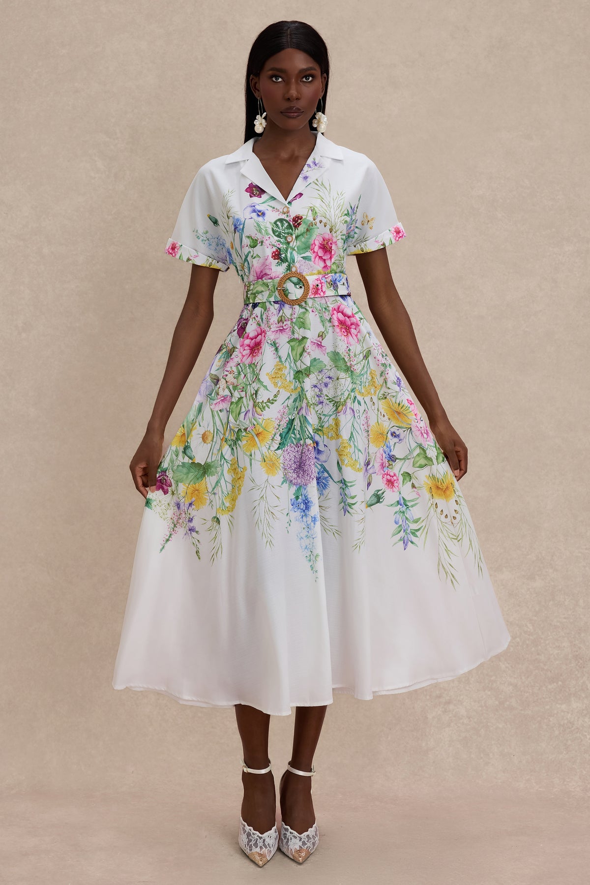 Floral Flapped Midi Dress With Belt