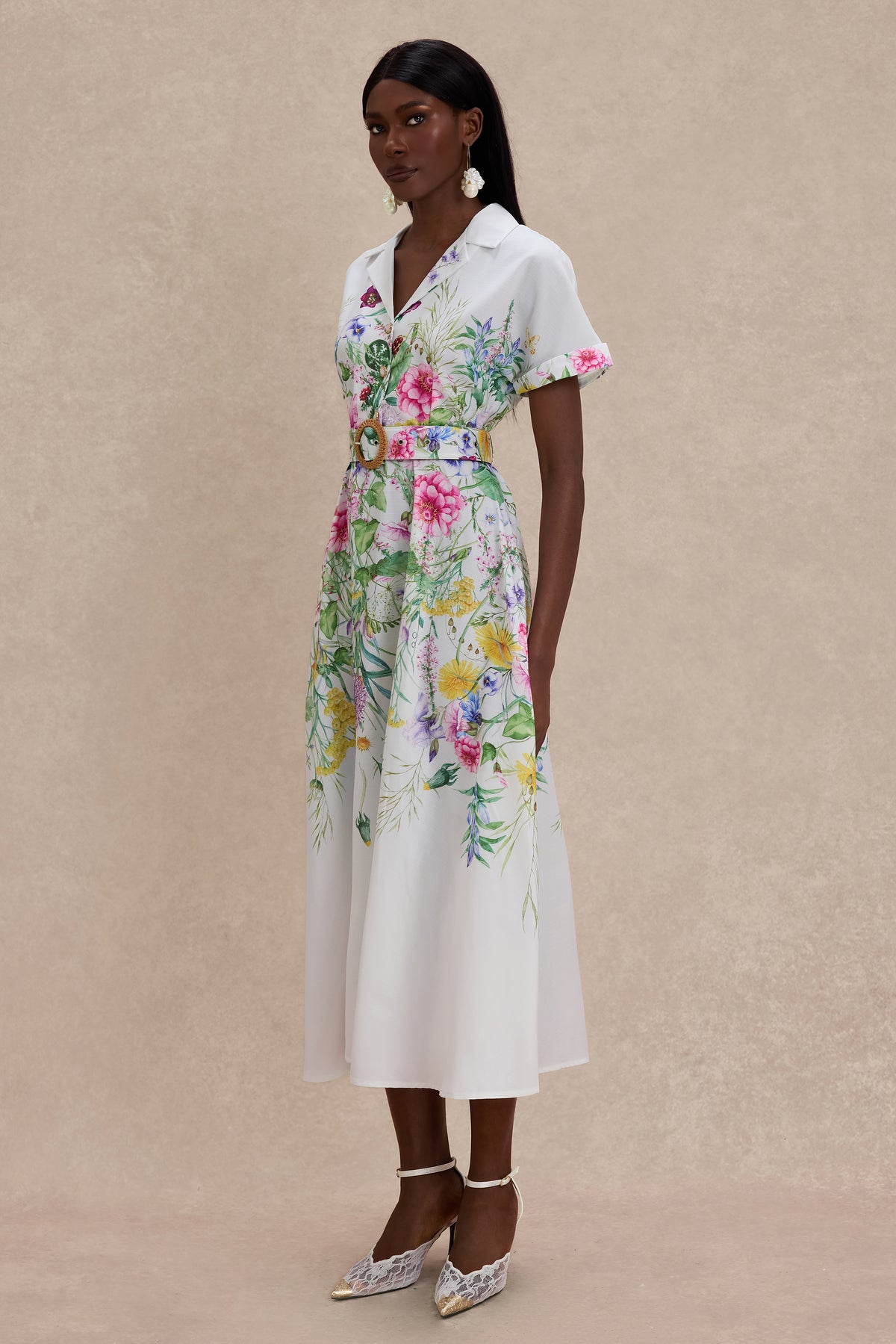 Floral Flapped Midi Dress With Belt