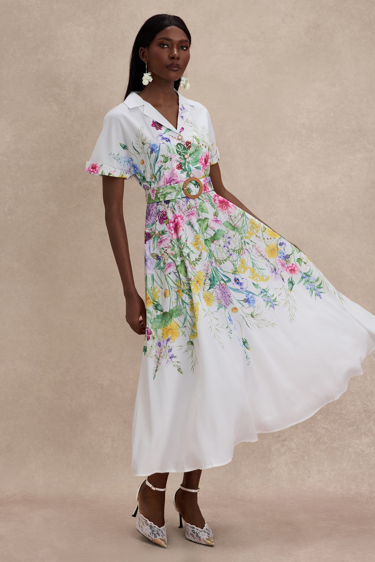 Floral Flapped Midi Dress With Belt