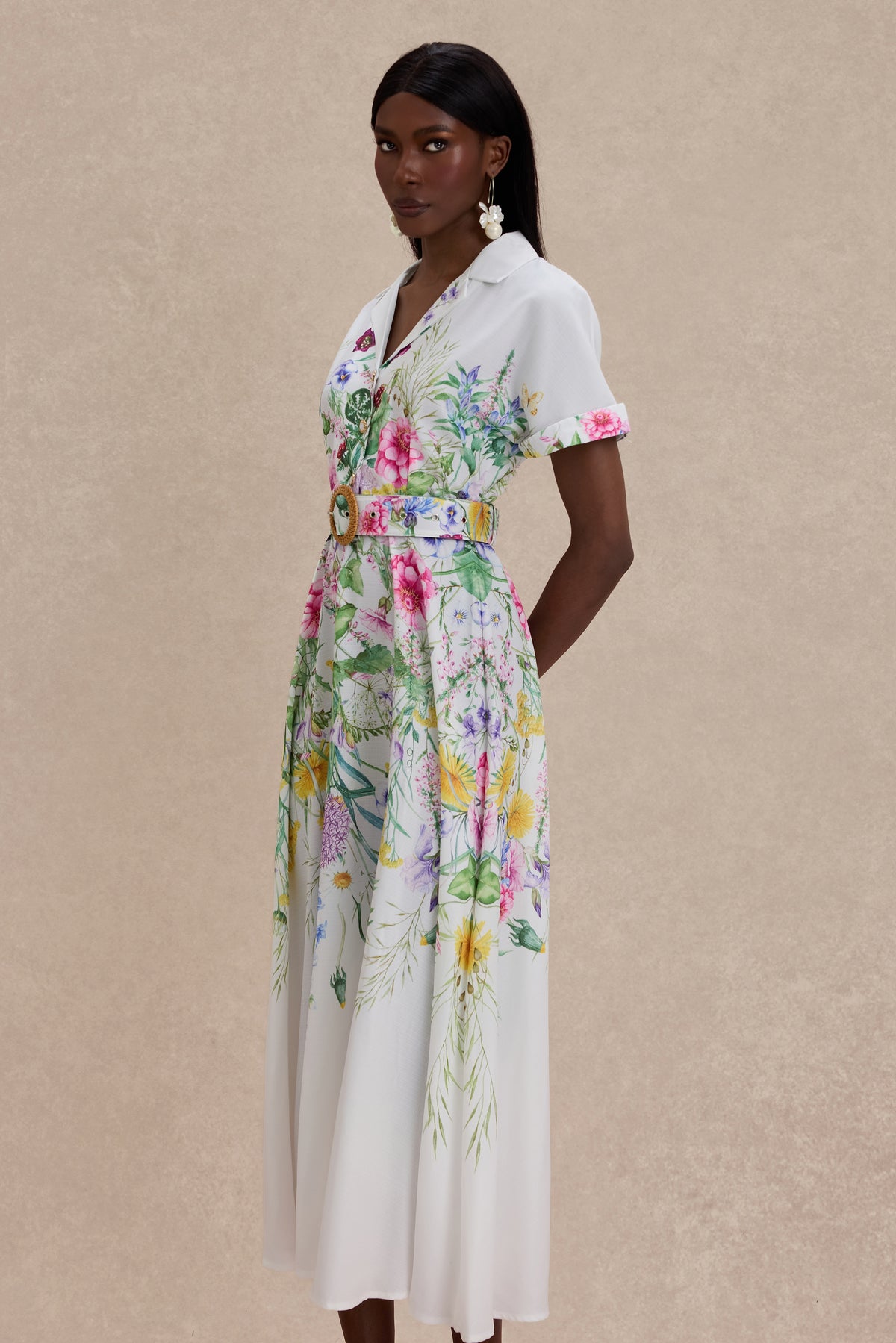Floral Flapped Midi Dress With Belt