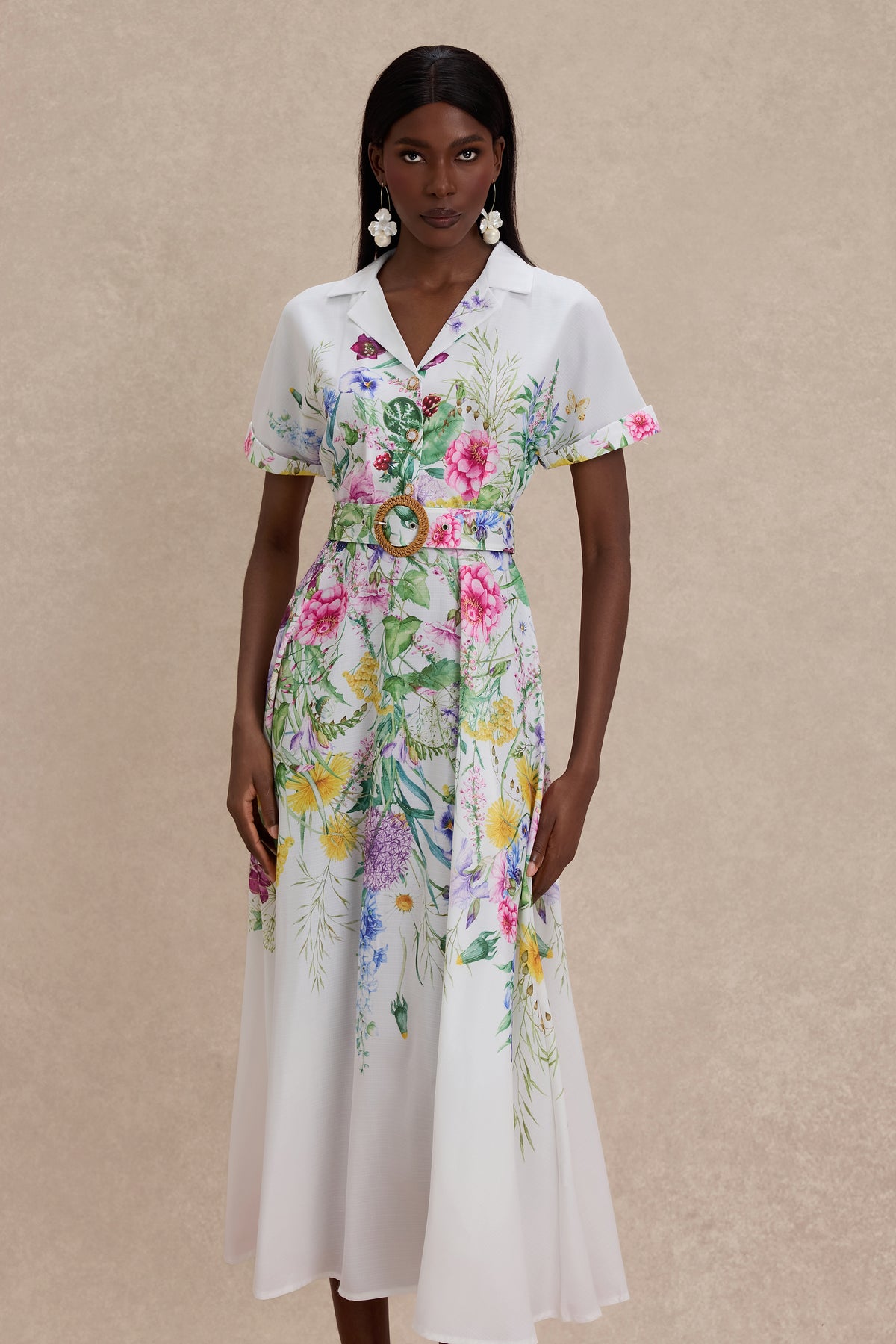 Floral Flapped Midi Dress With Belt