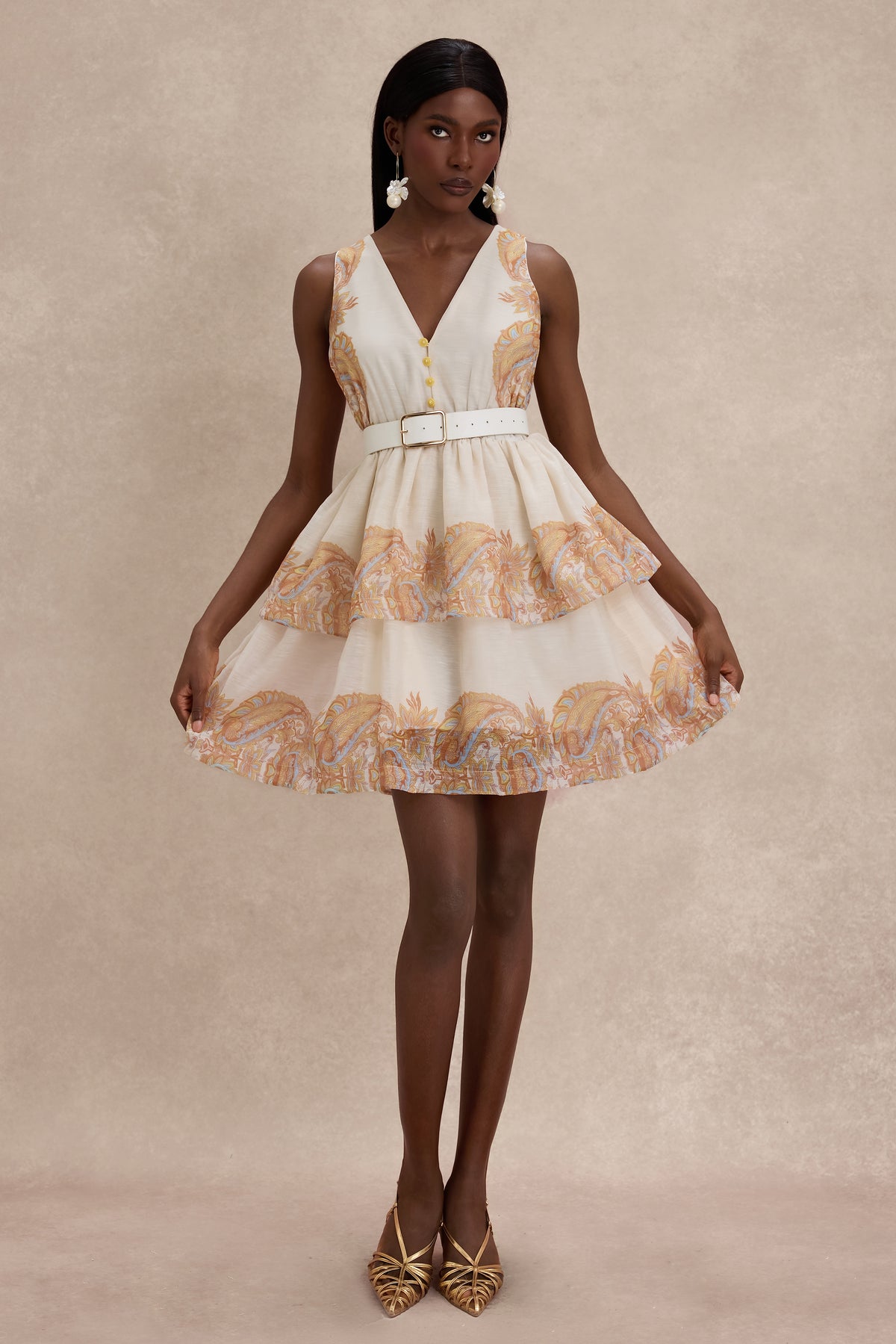 Paisley Print V-Neck Mini Dress With Belt
