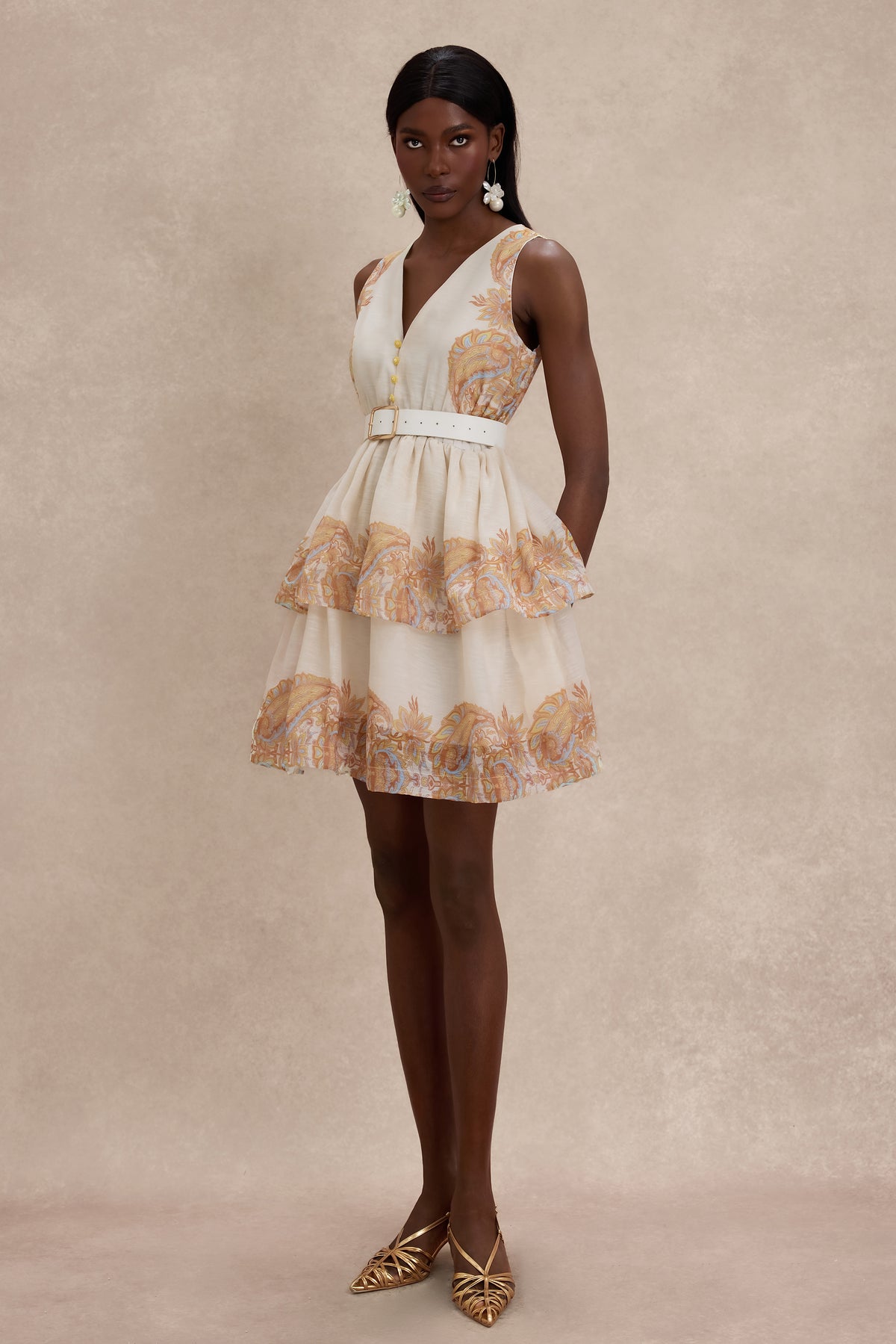 Paisley Print V-Neck Mini Dress With Belt