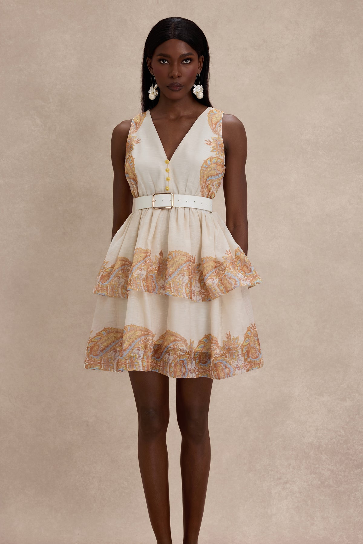 Paisley Print V-Neck Mini Dress With Belt