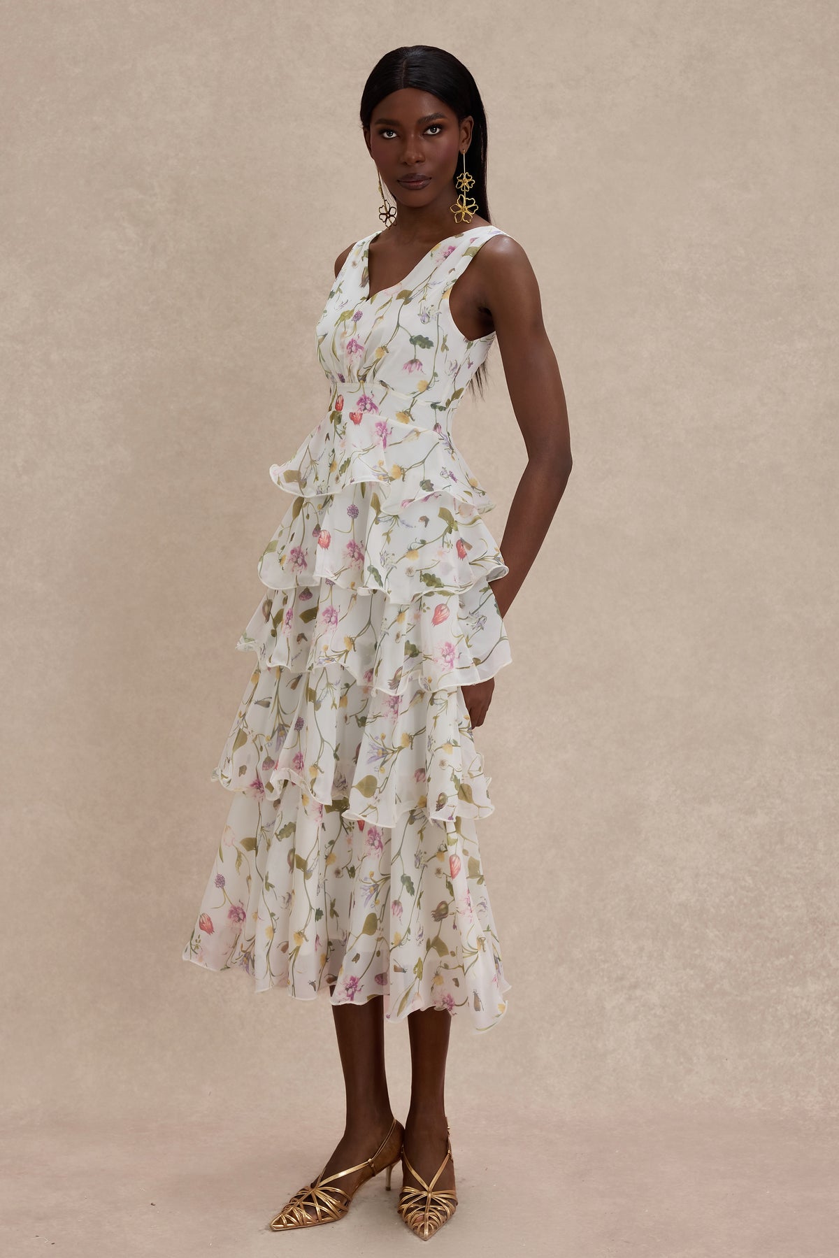 Floral Ruffle Sleeveless Midi Dress