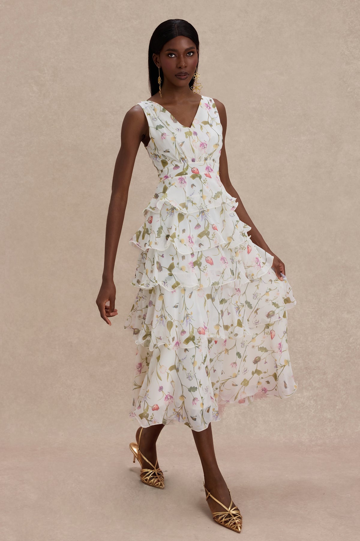 Floral Ruffle Sleeveless Midi Dress