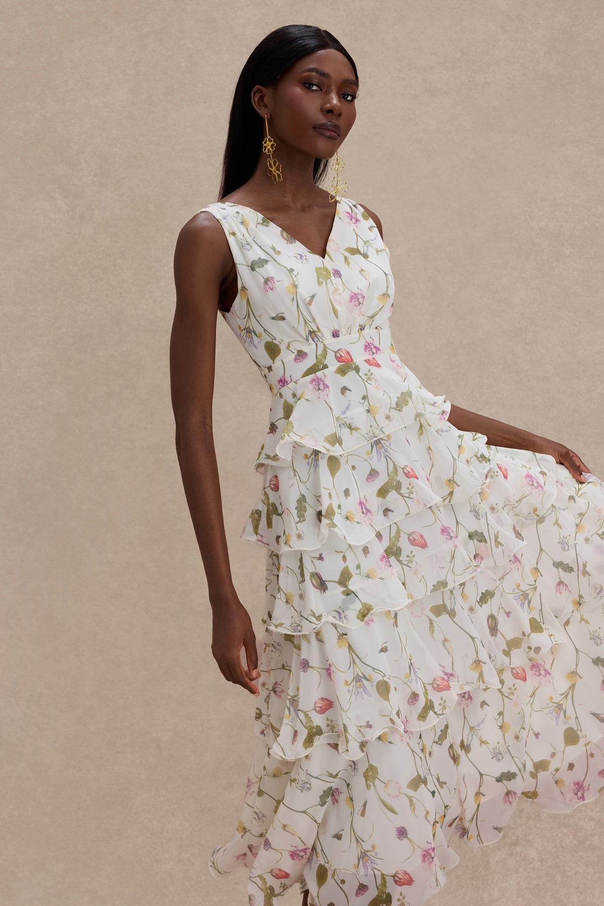 Floral Ruffle Sleeveless Midi Dress