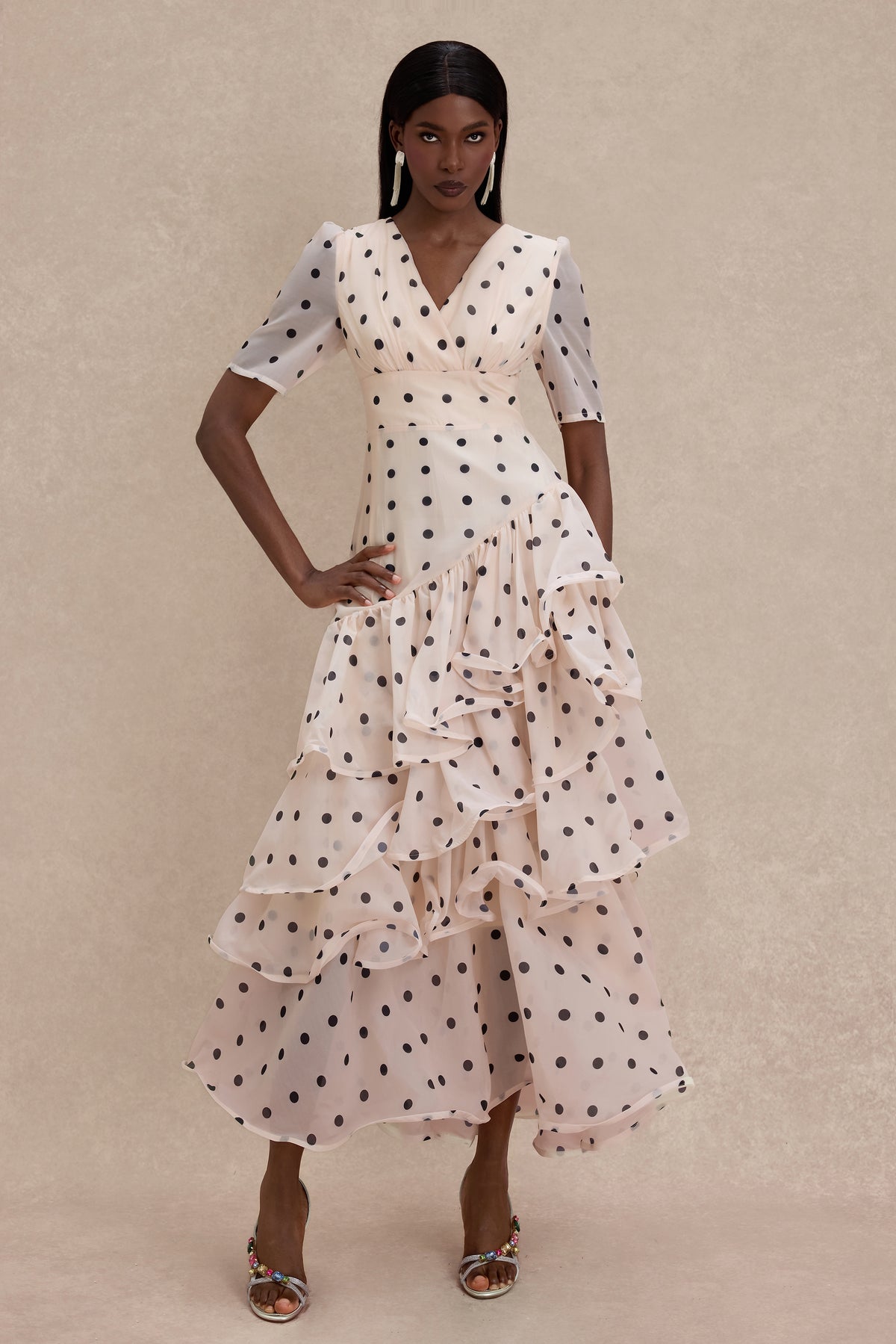 Polka Dot Ruffle V-Neck Maxi Dress