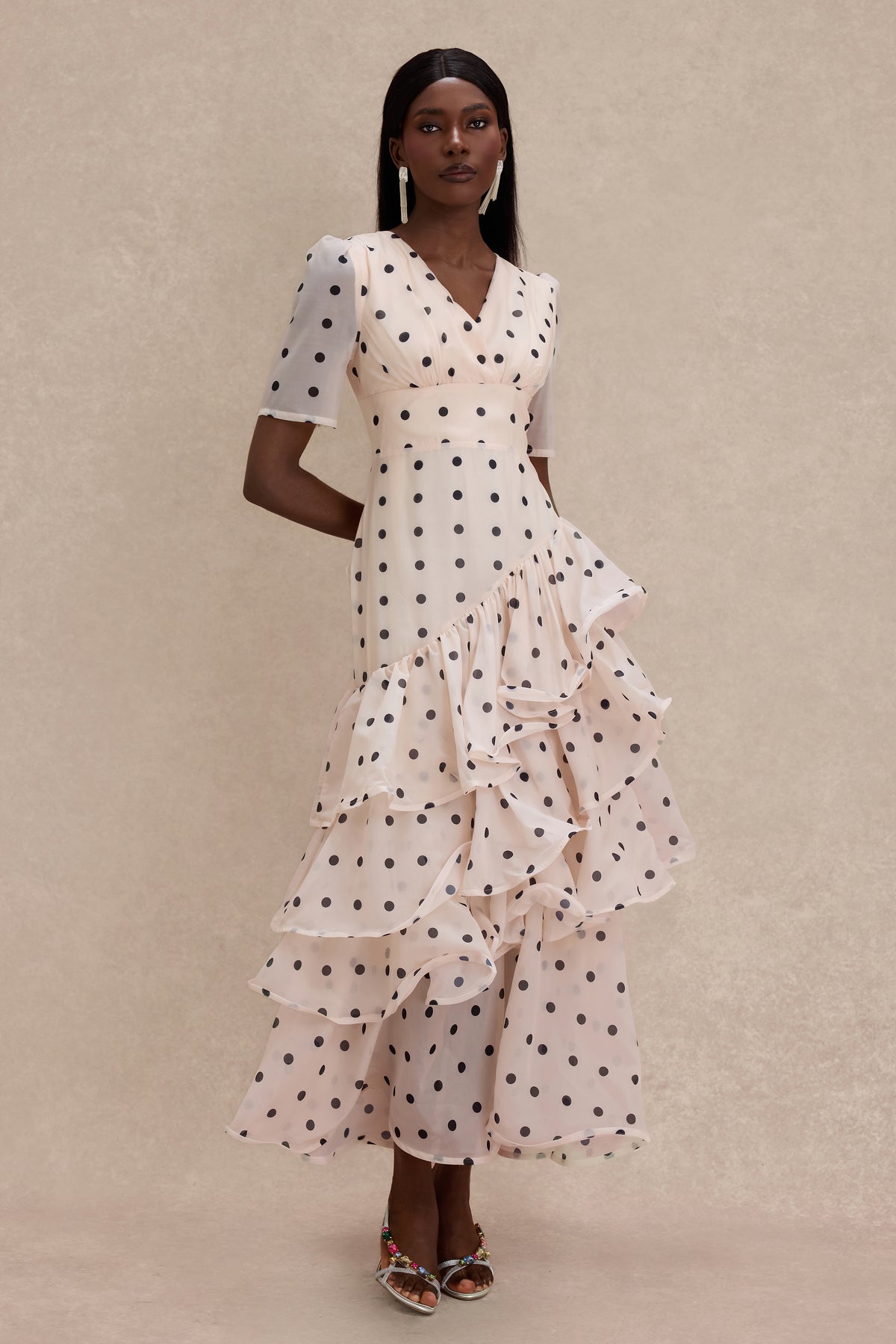 Polka Dot Ruffle V-Neck Maxi Dress
