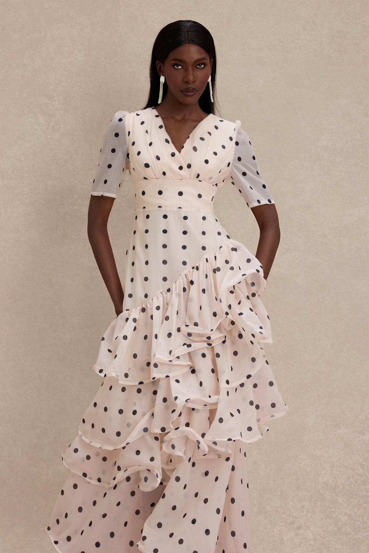Polka Dot Ruffle V-Neck Maxi Dress