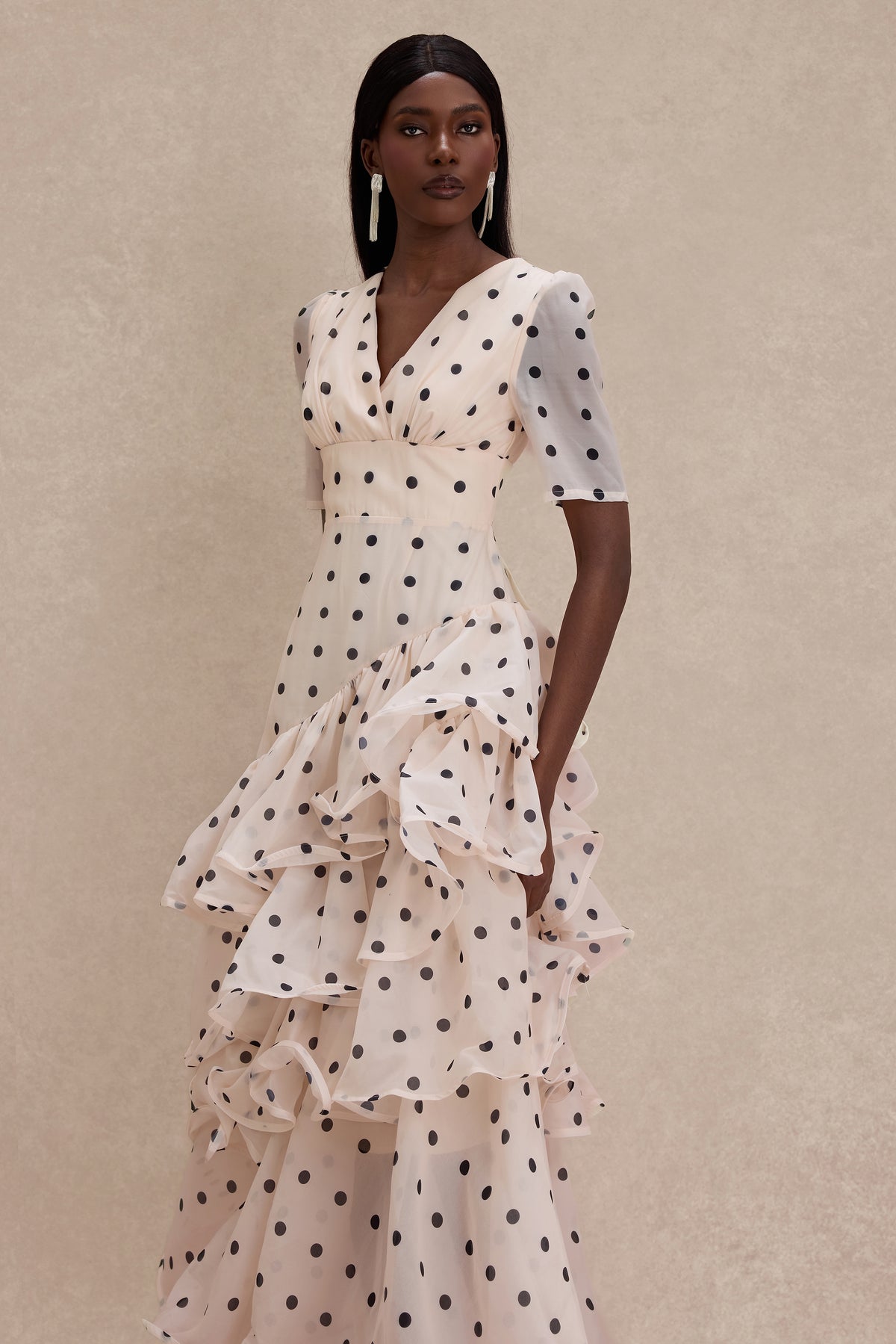 Polka Dot Ruffle V-Neck Maxi Dress