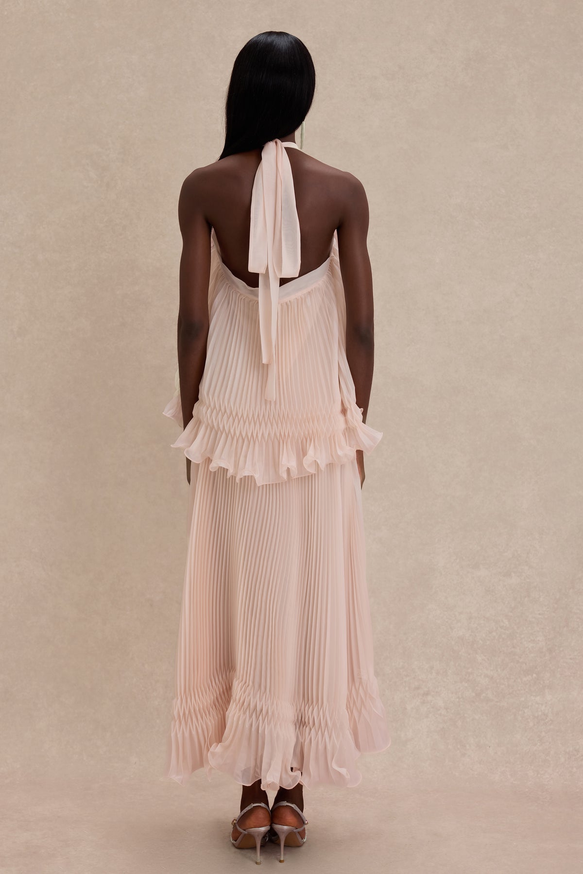 Pleated 3D Flower Halter Neck Midi Dress