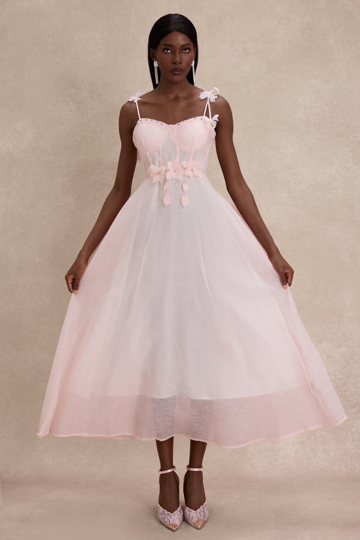 3D Flower Rhinestone Rivets Slip Midi Dress
