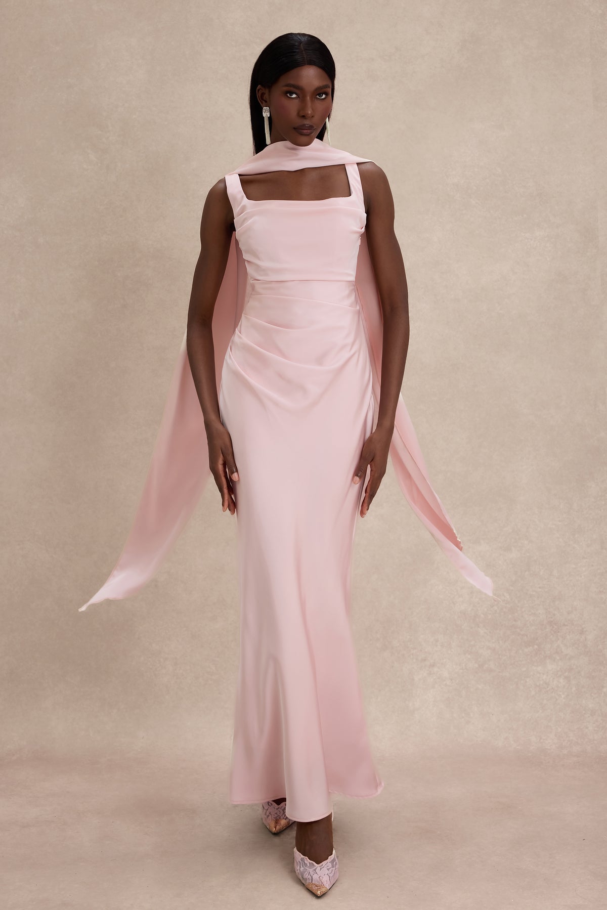 Satin Solid Ruched Maxi Dress