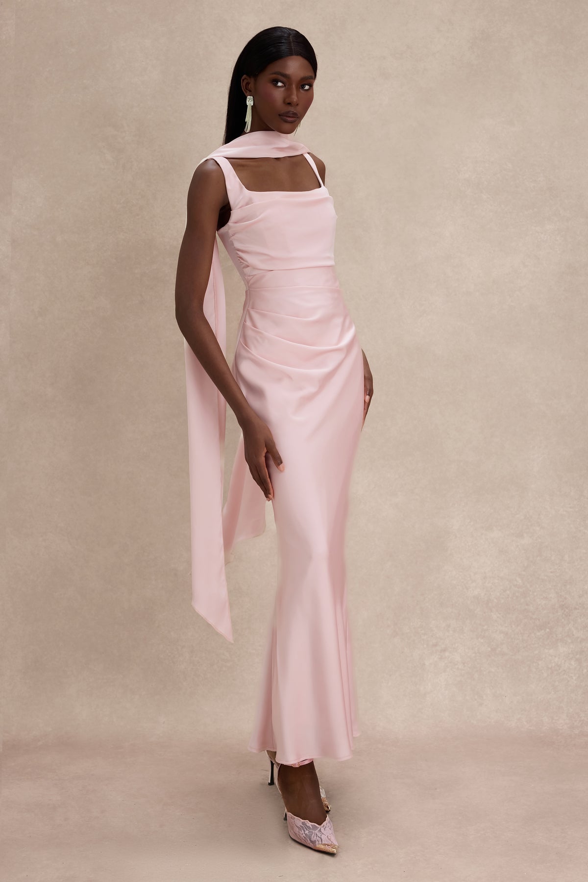 Satin Solid Ruched Maxi Dress