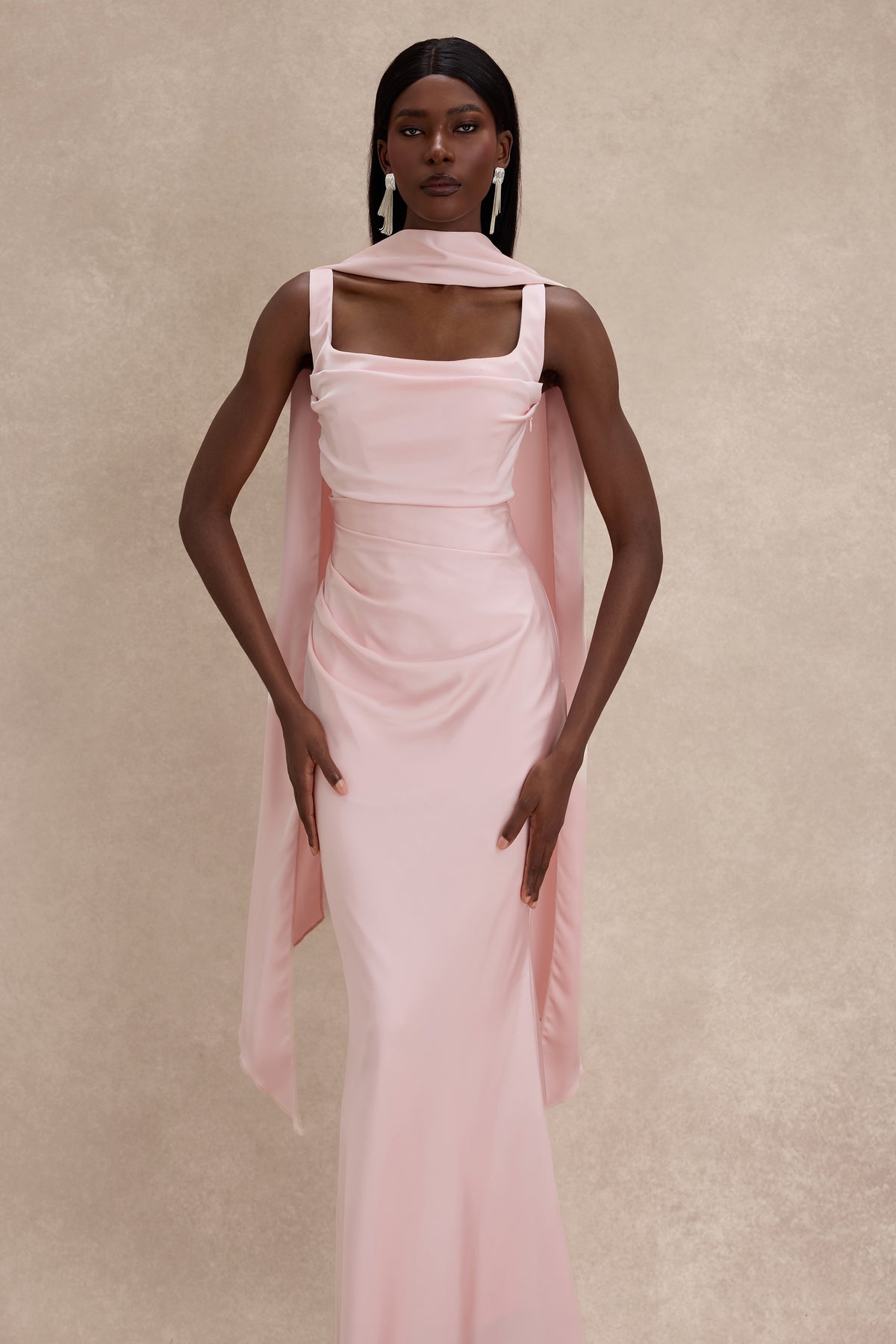 Satin Solid Ruched Maxi Dress