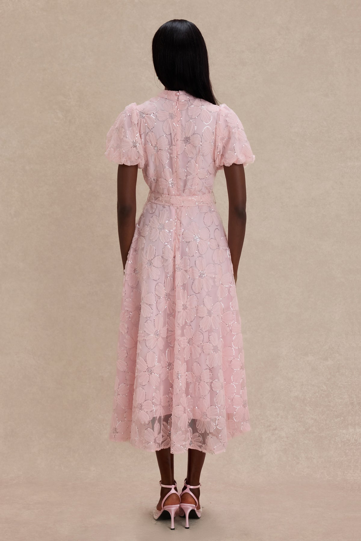 Mesh Floral Sequin Single Breasted Midi Dress