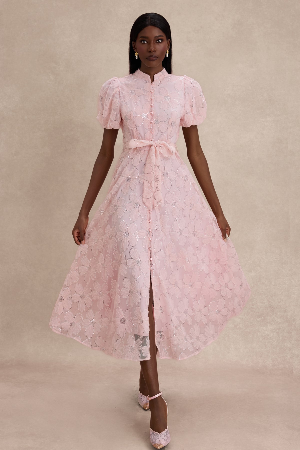 Mesh Floral Sequin Single Breasted Midi Dress