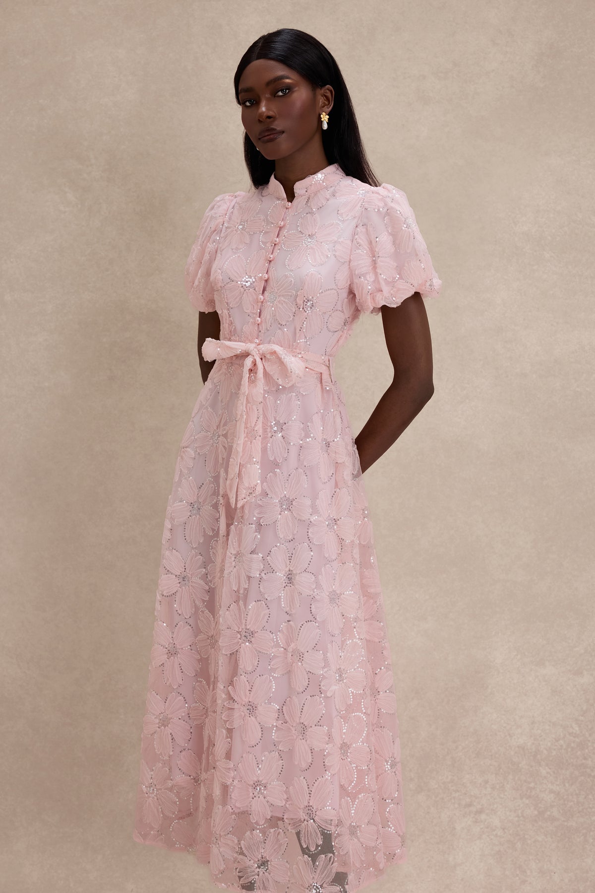 Mesh Floral Sequin Single Breasted Midi Dress