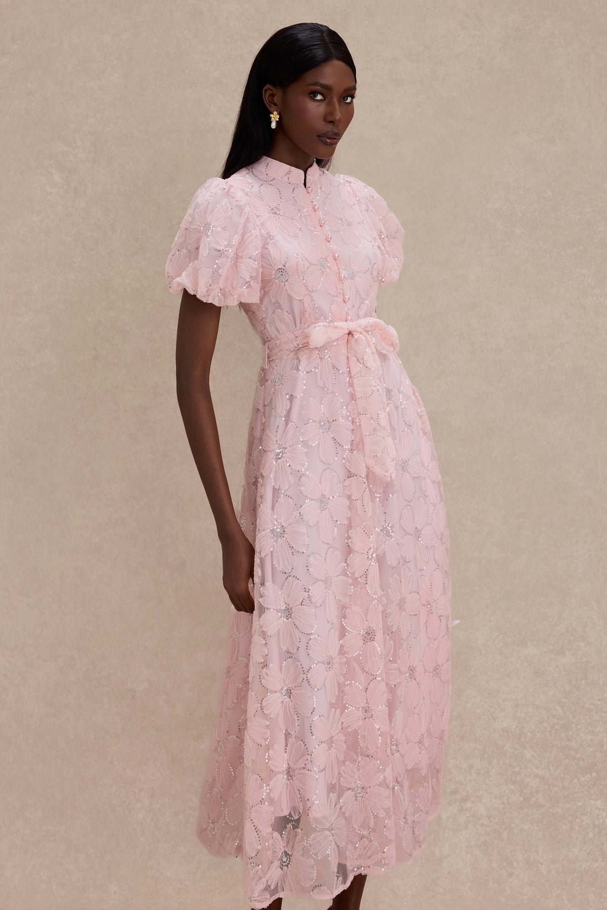Mesh Floral Sequin Single Breasted Midi Dress