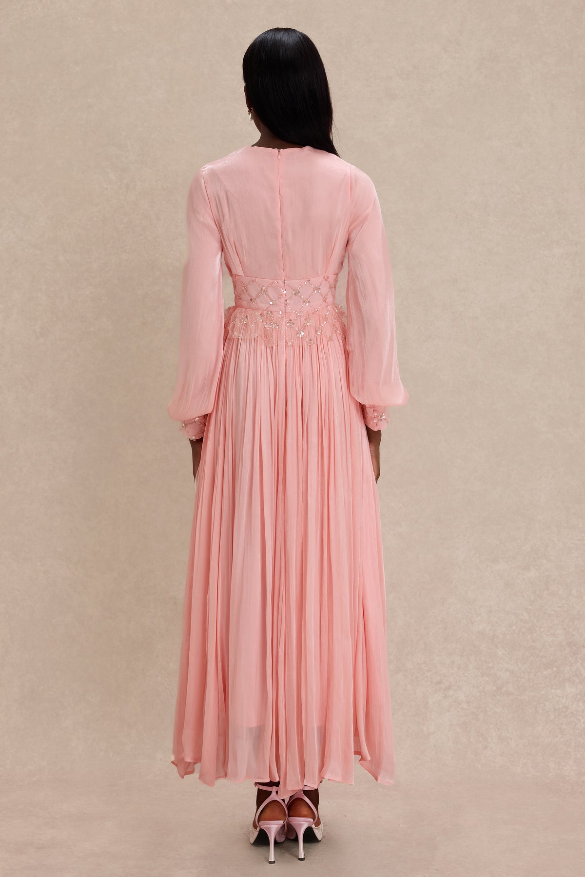 Beaded Round Neck Lantern Sleeve Midi Dress