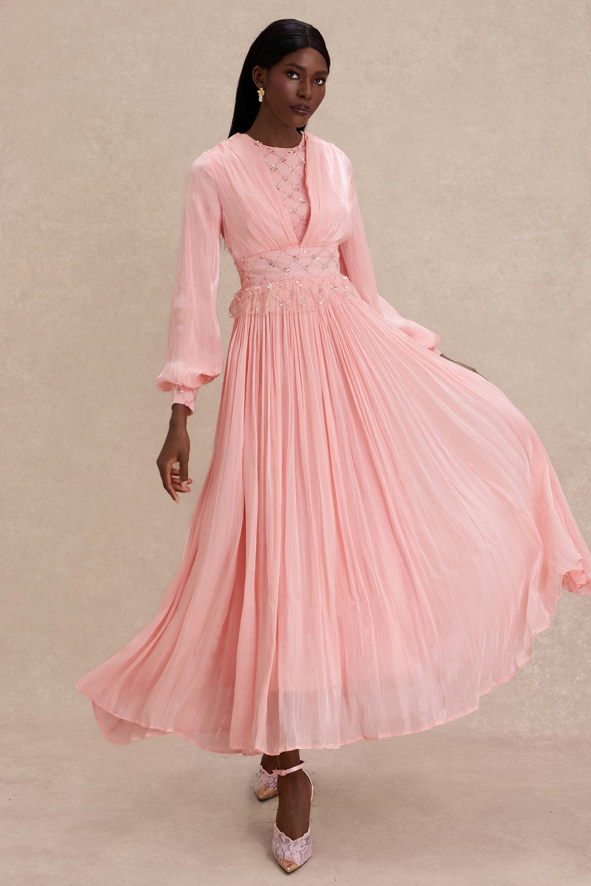 Beaded Round Neck Lantern Sleeve Midi Dress