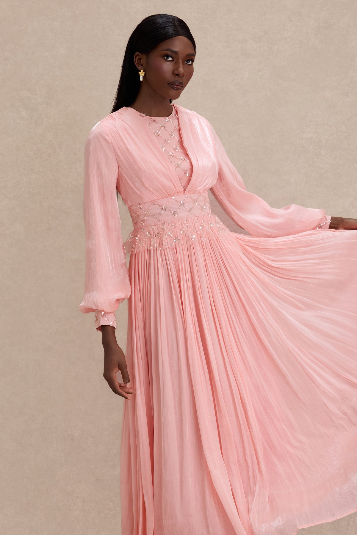 Beaded Round Neck Lantern Sleeve Midi Dress