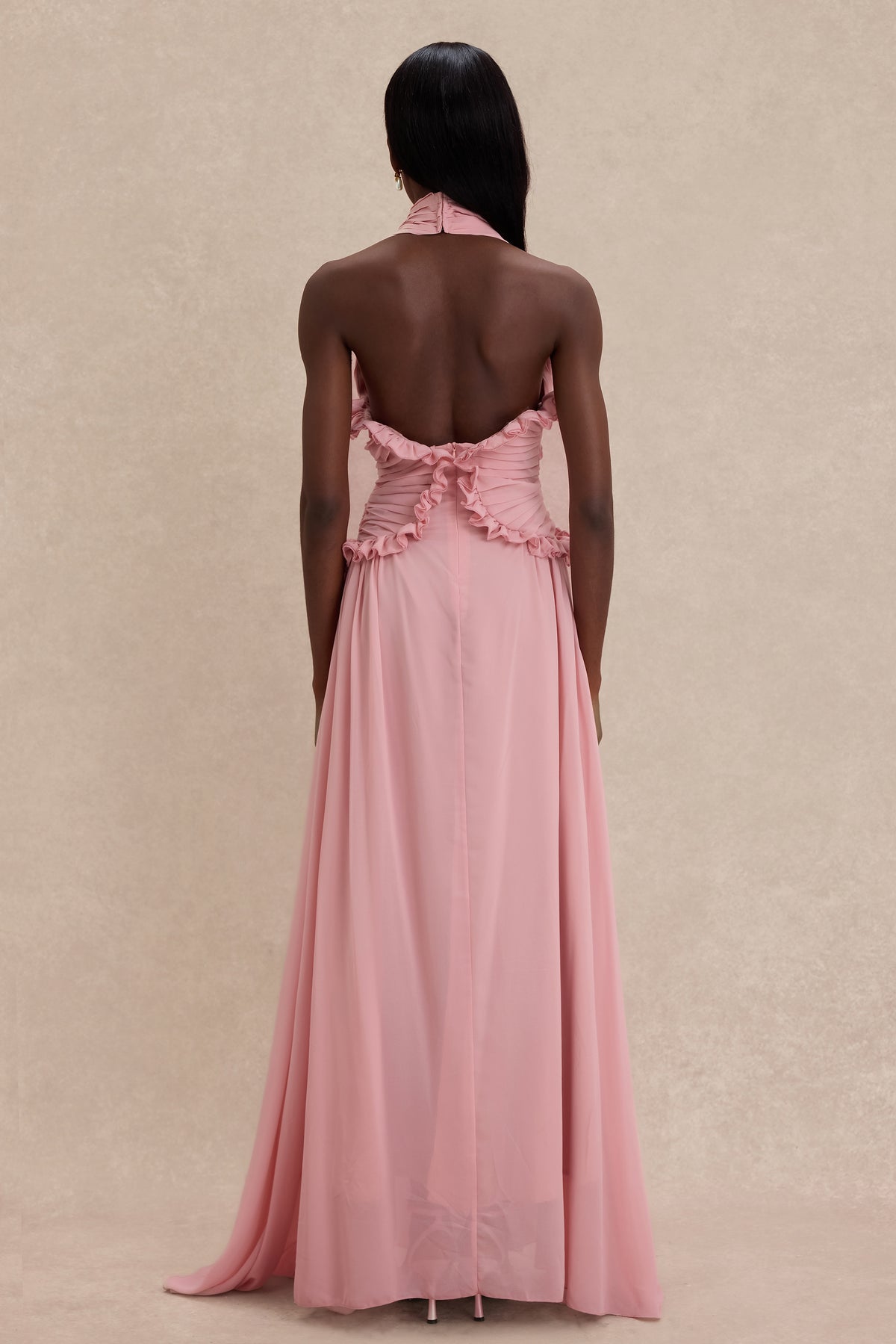Pleated Frill Halter Neck Maxi Dress