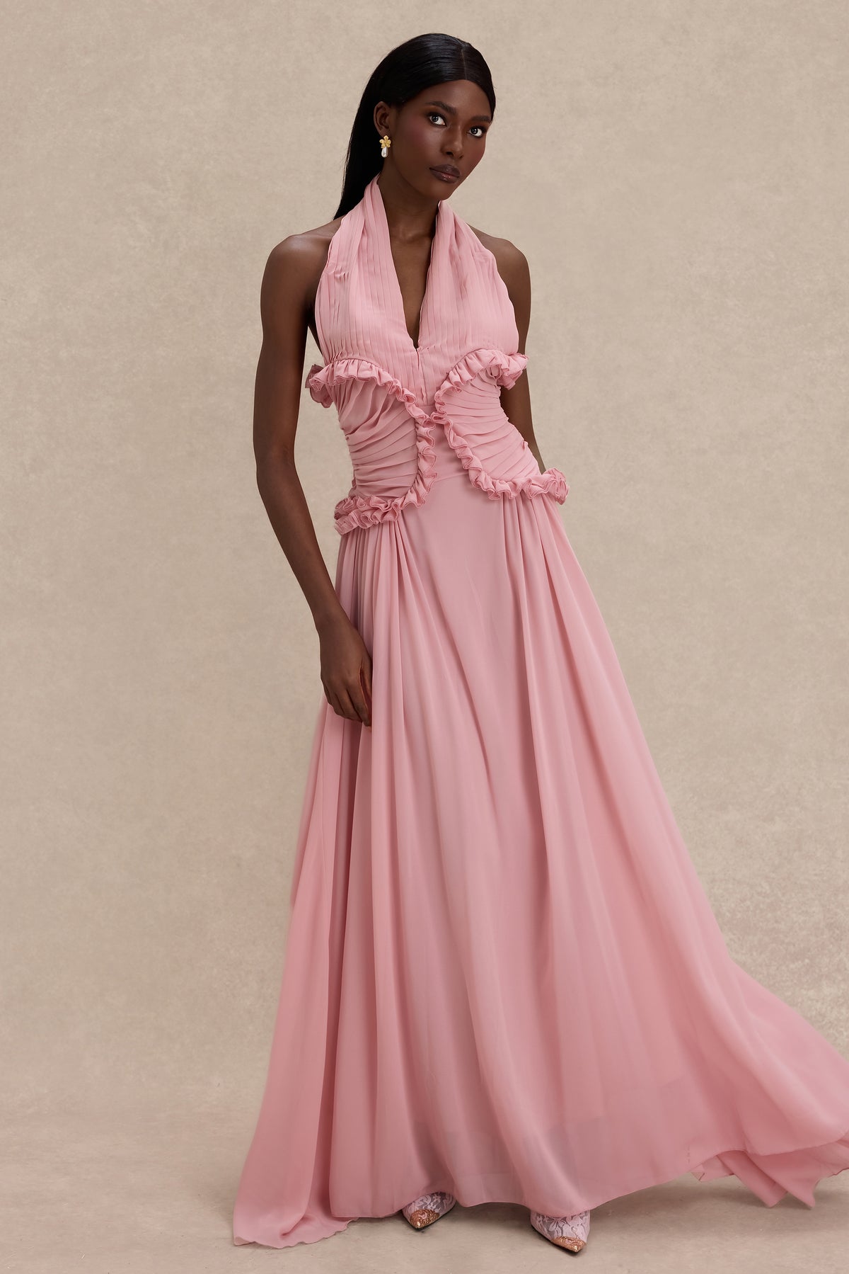 Pleated Frill Halter Neck Maxi Dress