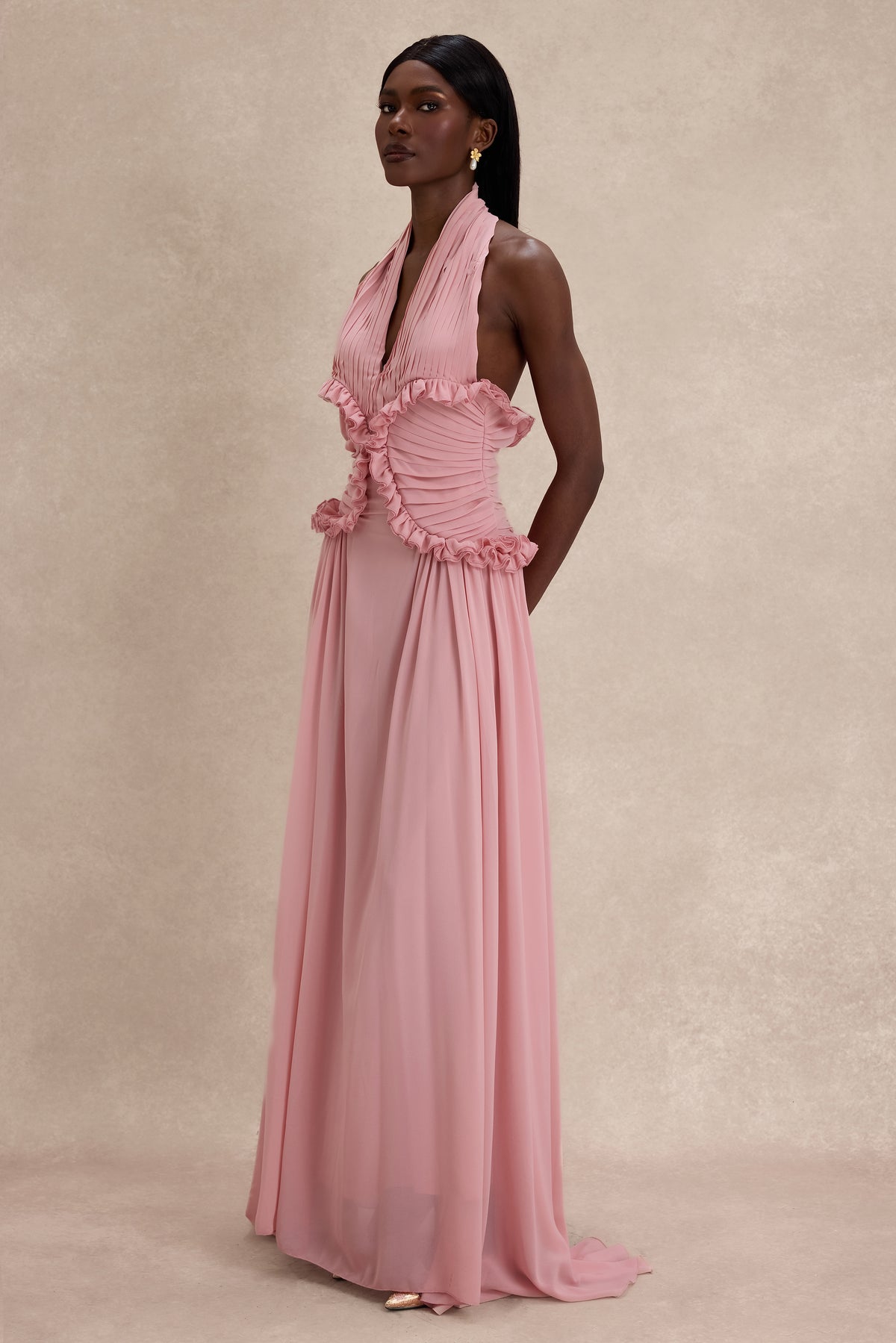 Pleated Frill Halter Neck Maxi Dress