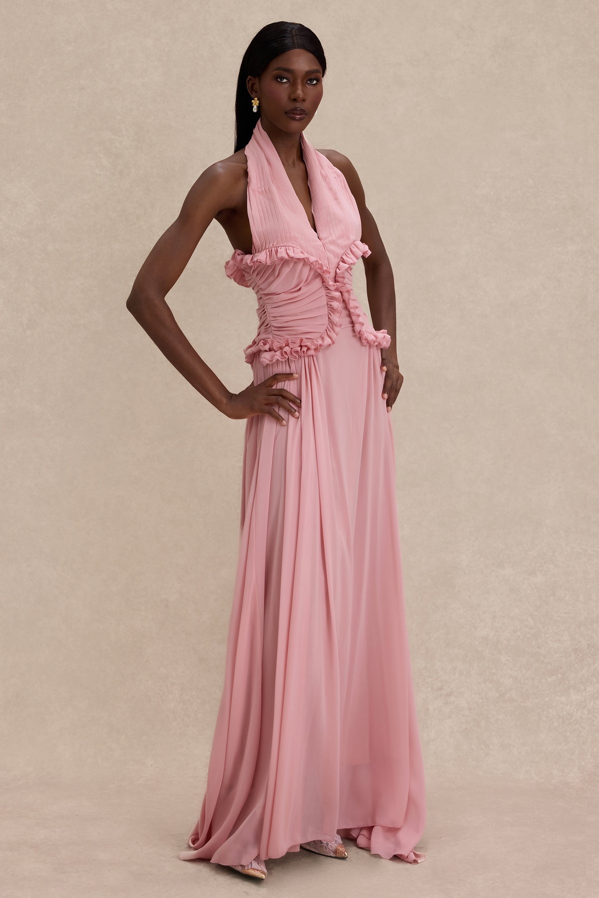 Pleated Frill Halter Neck Maxi Dress