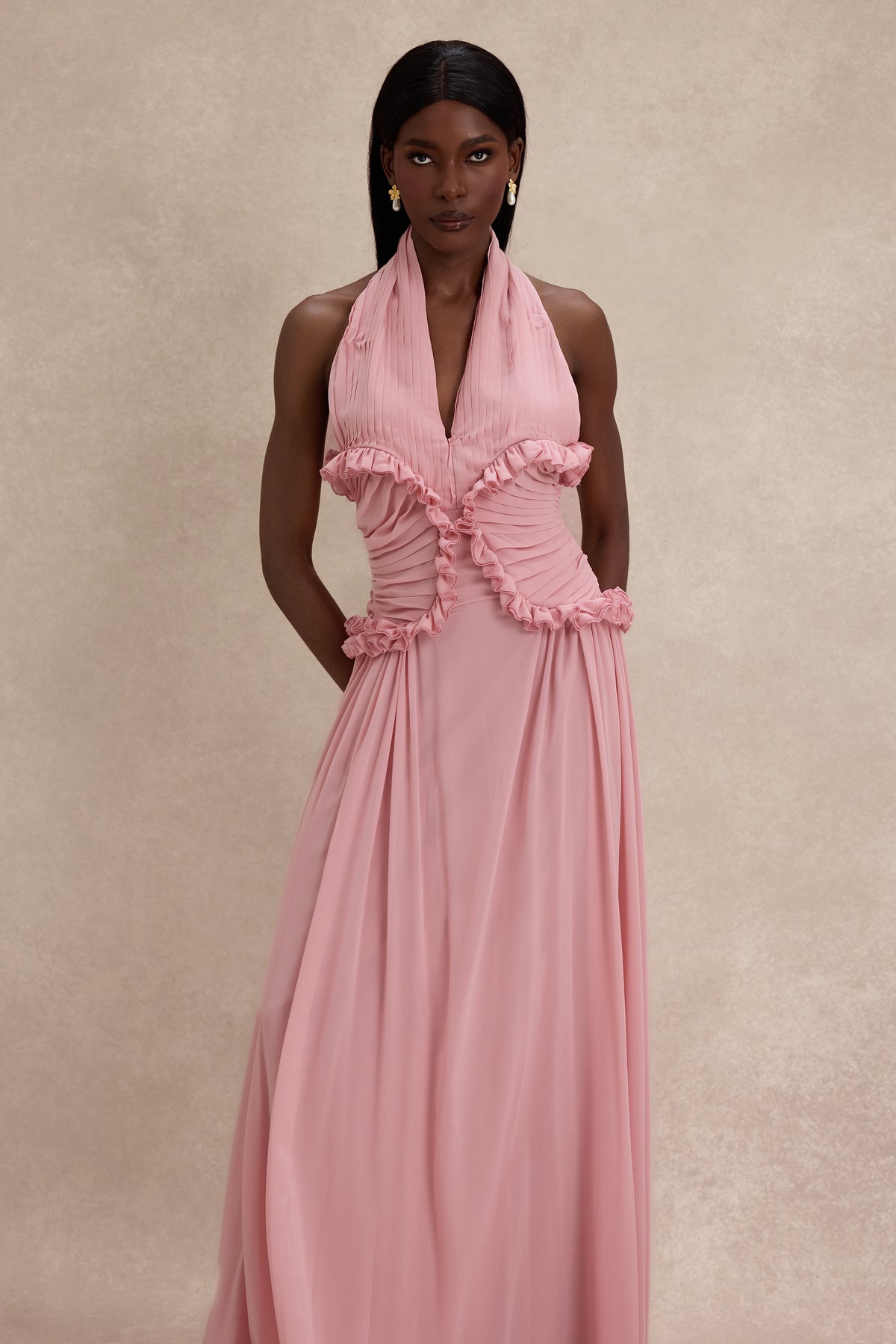 Pleated Frill Halter Neck Maxi Dress