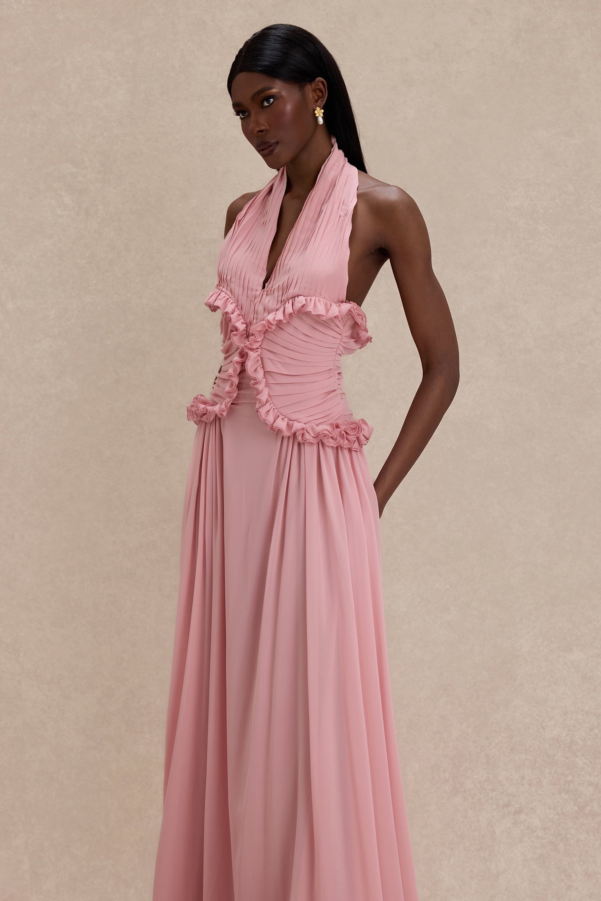 Pleated Frill Halter Neck Maxi Dress