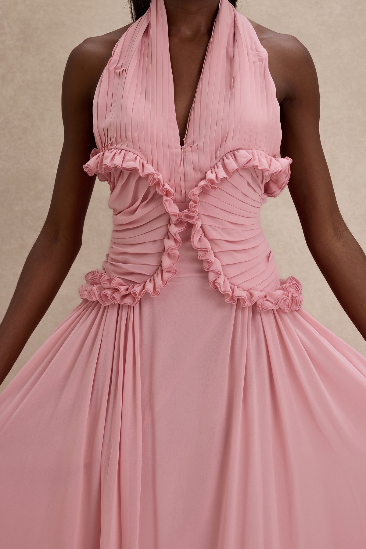 Pleated Frill Halter Neck Maxi Dress