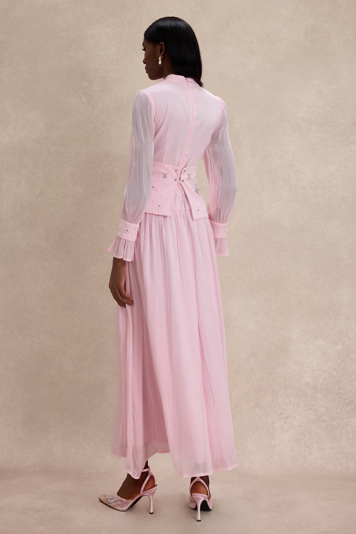 Faux Pearl Rhinestone Rivets Long Sleeve Midi Dress