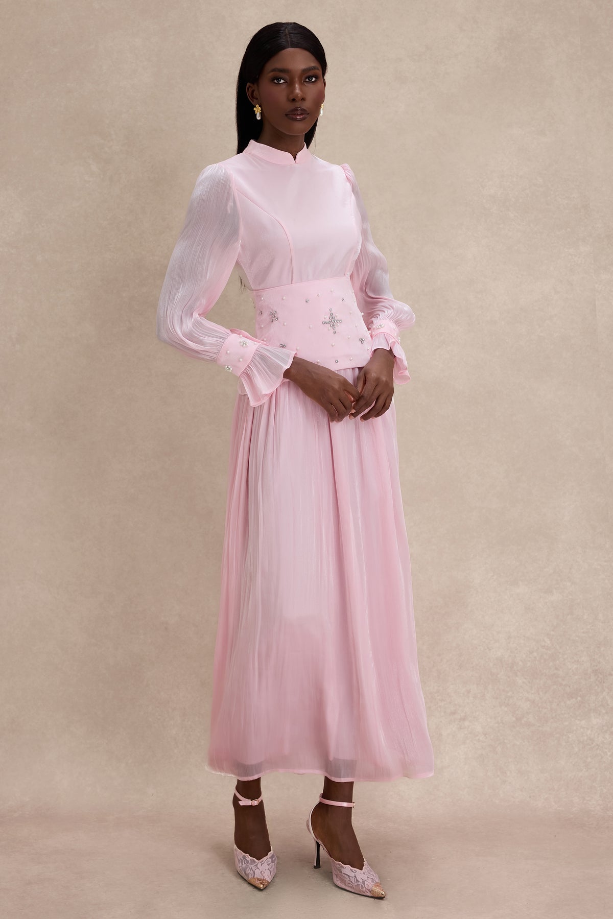 Faux Pearl Rhinestone Rivets Long Sleeve Midi Dress