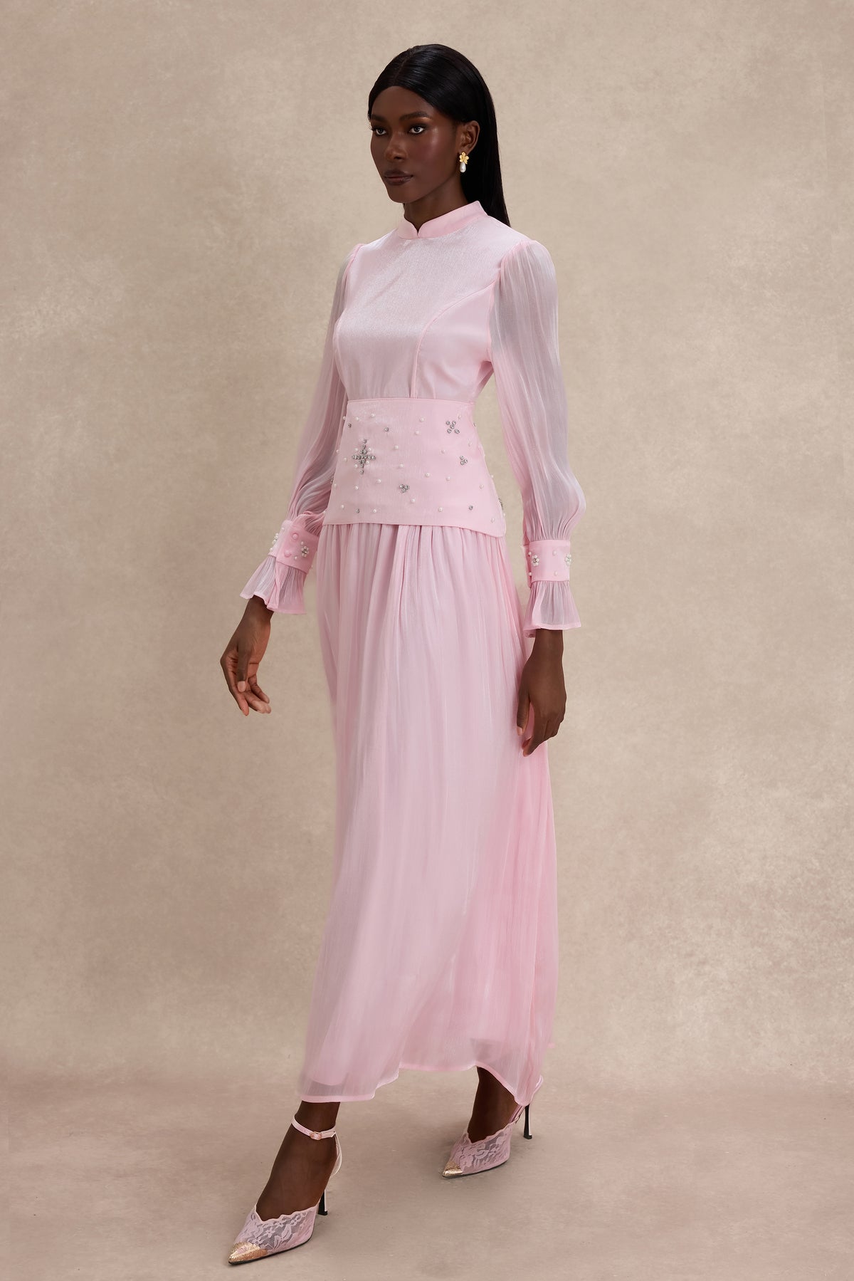 Faux Pearl Rhinestone Rivets Long Sleeve Midi Dress