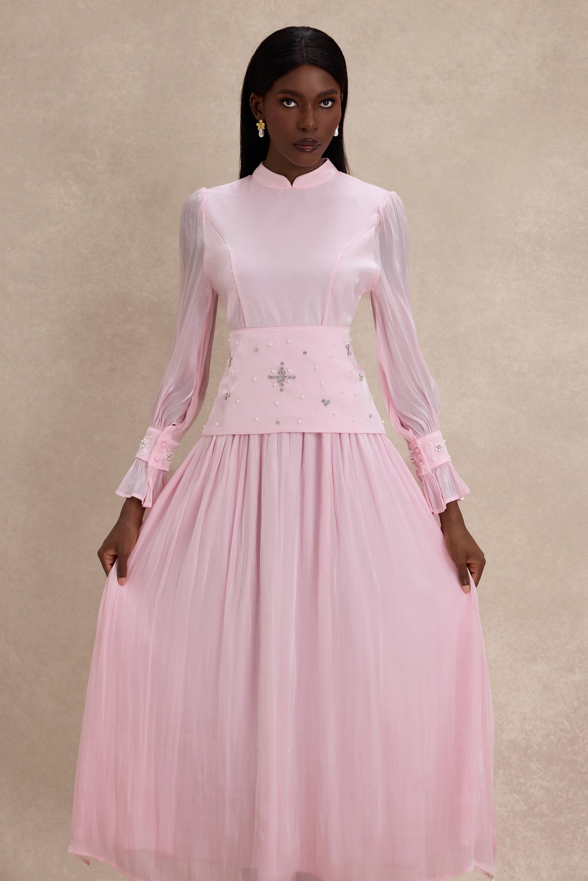 Faux Pearl Rhinestone Rivets Long Sleeve Midi Dress
