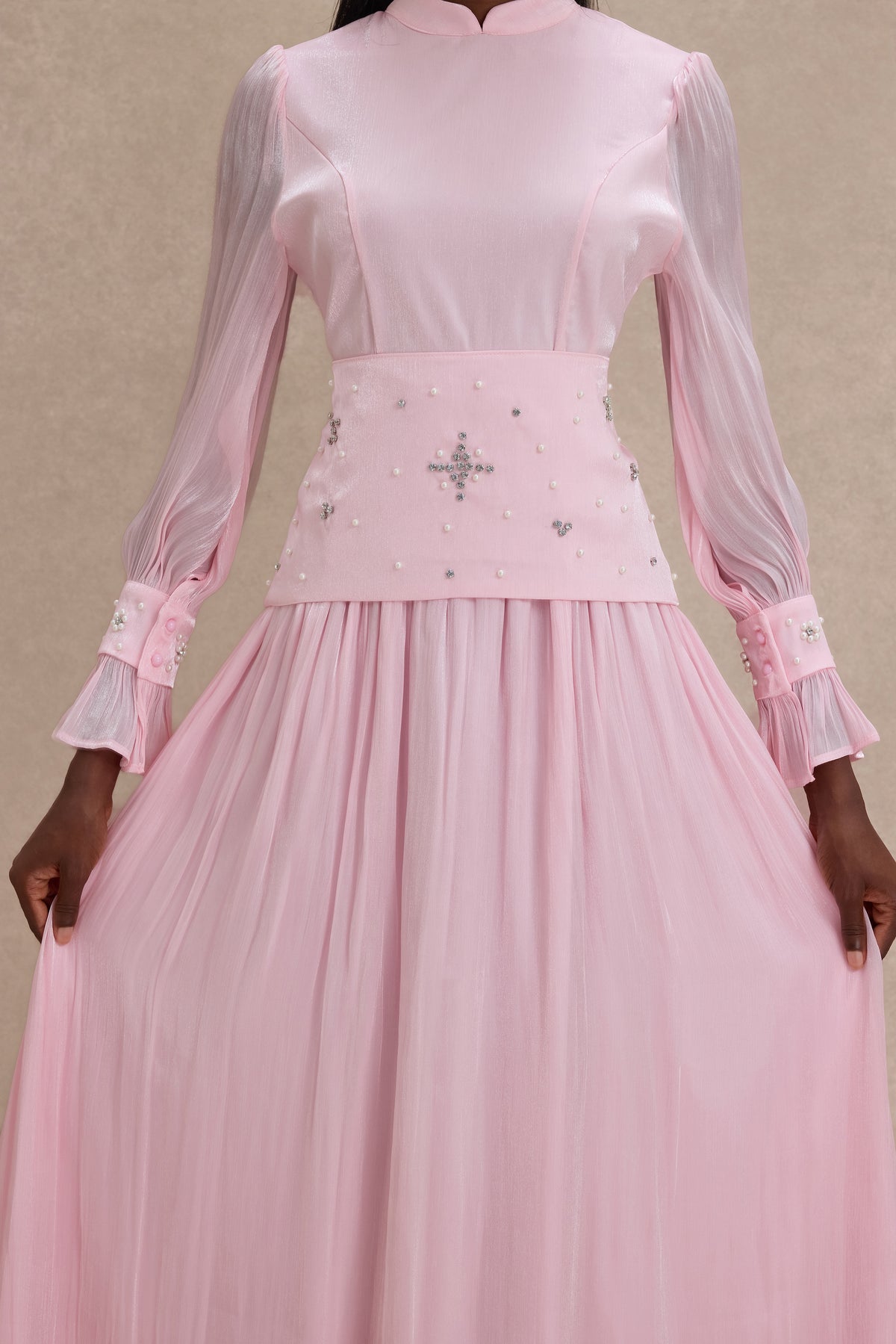 Faux Pearl Rhinestone Rivets Long Sleeve Midi Dress