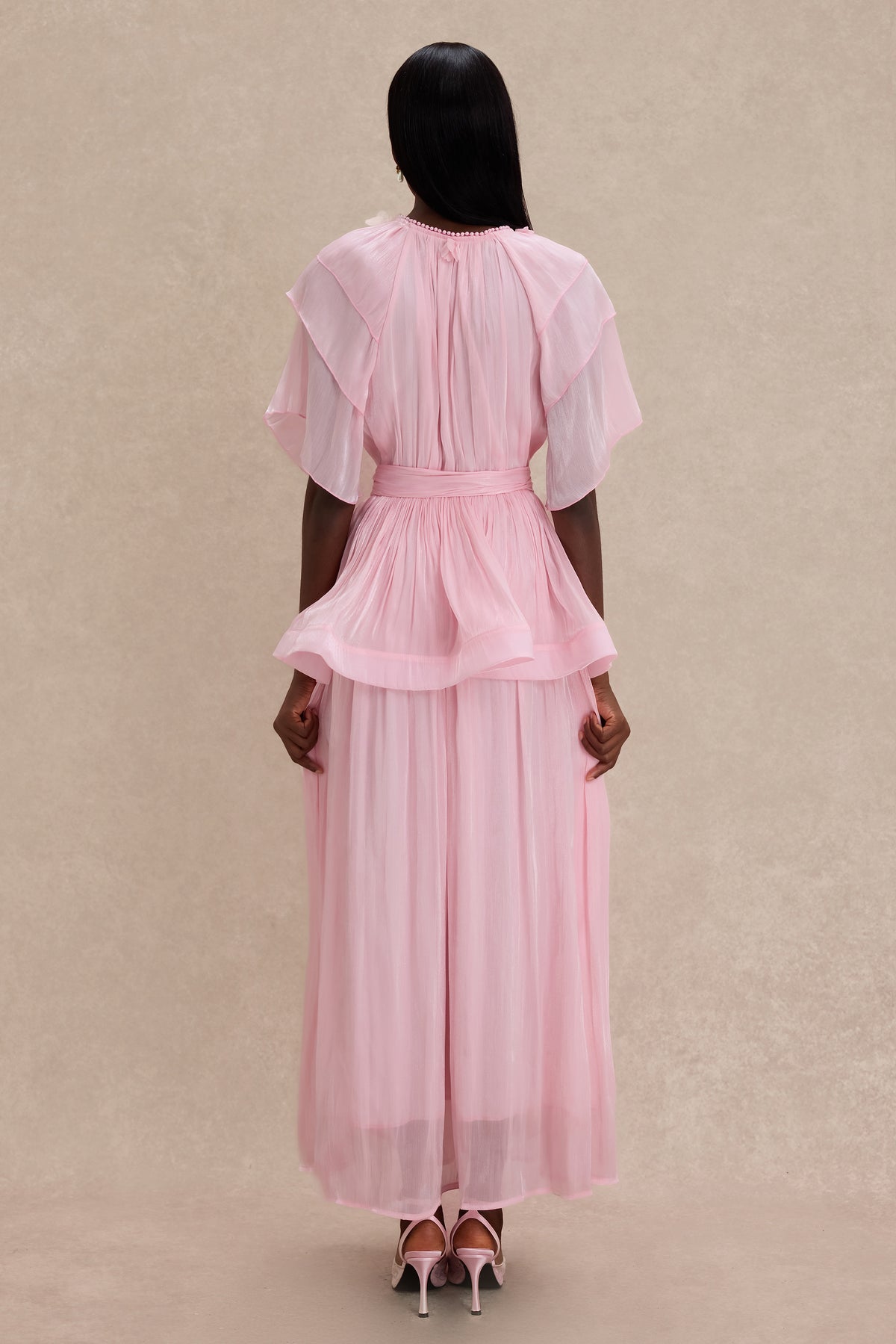 Faux Pearl Lace-Up Ruffle Maxi Dress