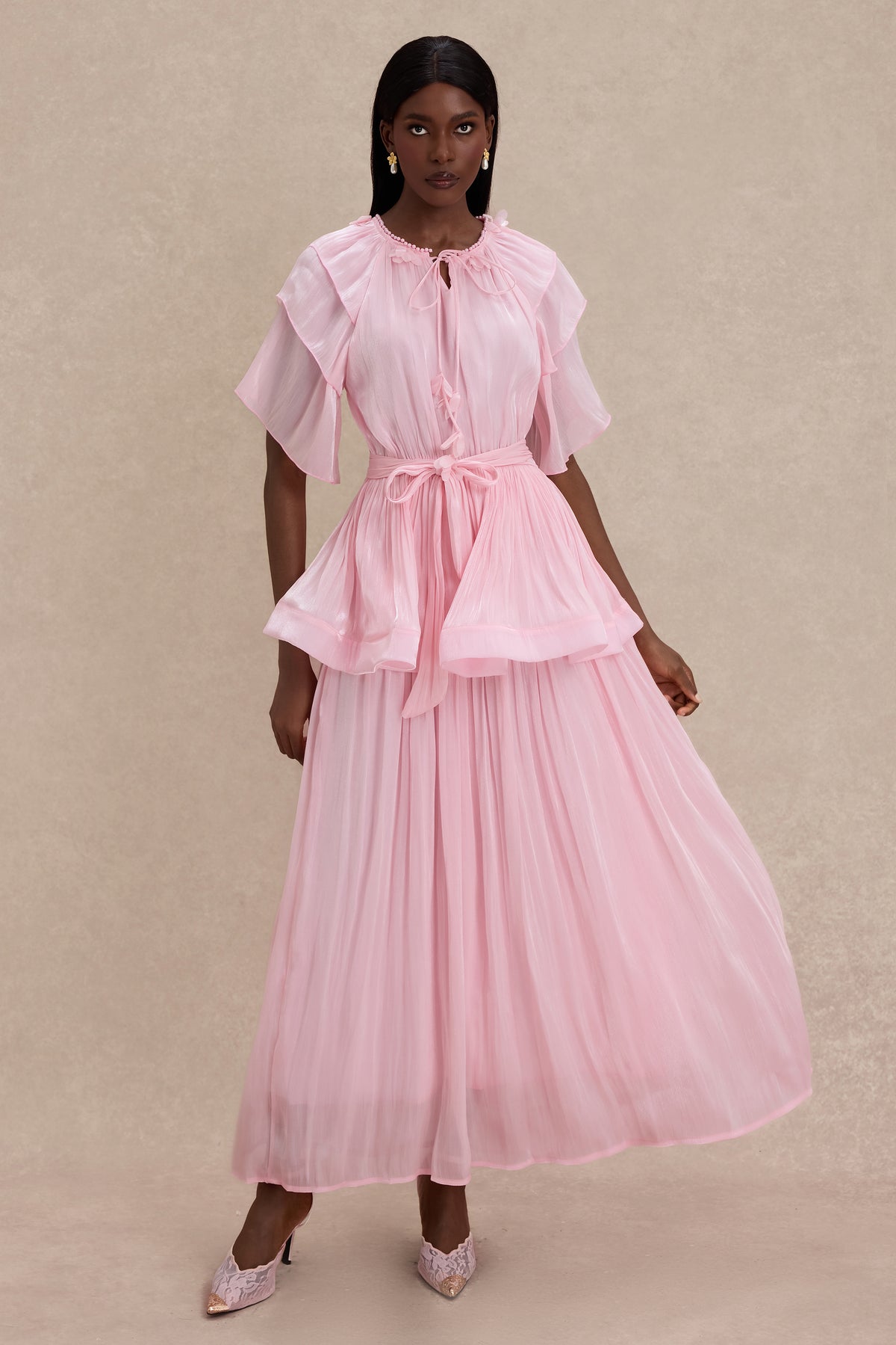 Faux Pearl Lace-Up Ruffle Maxi Dress